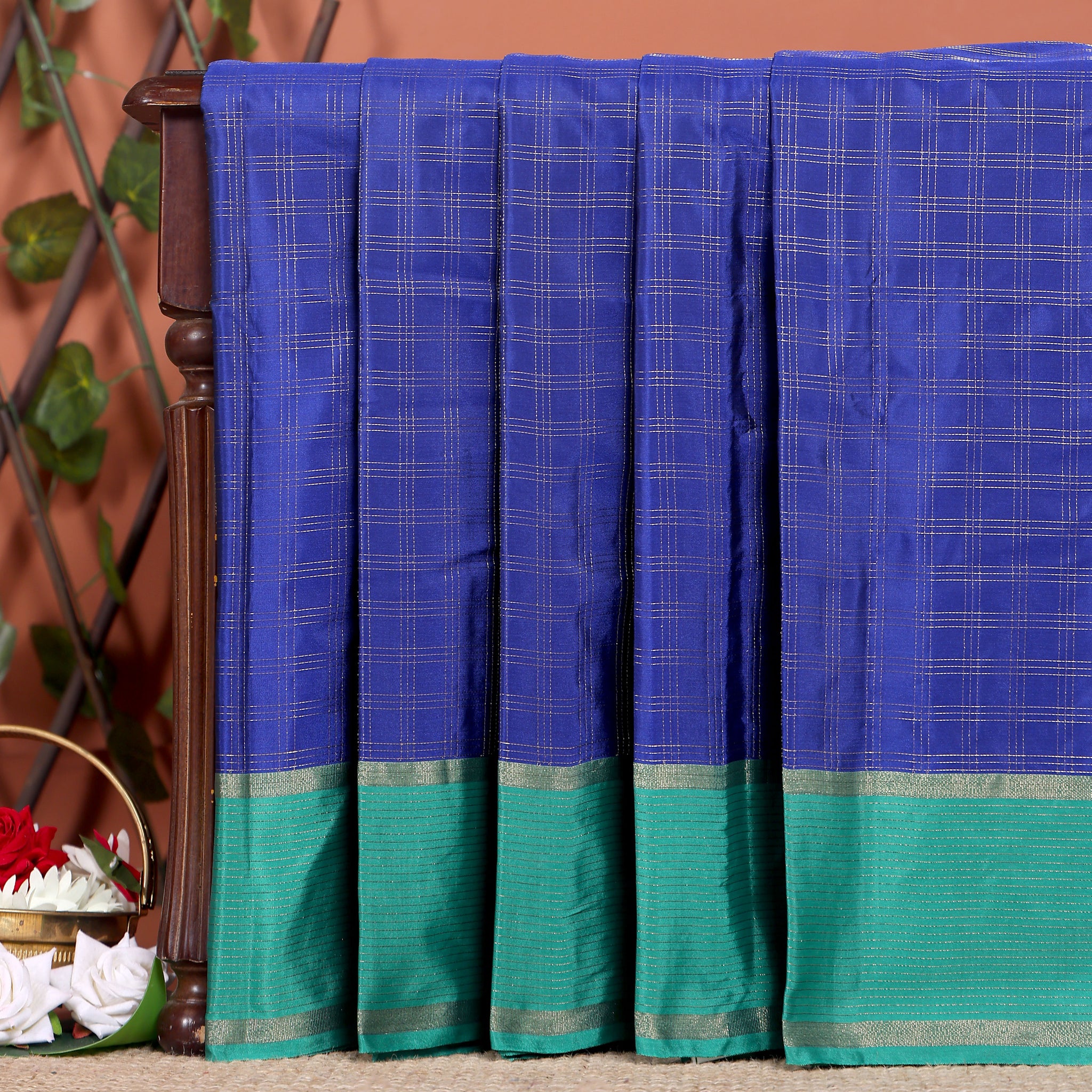Classic Handloom Soft Silk Saree with Checked Body and Striped Border - Blue