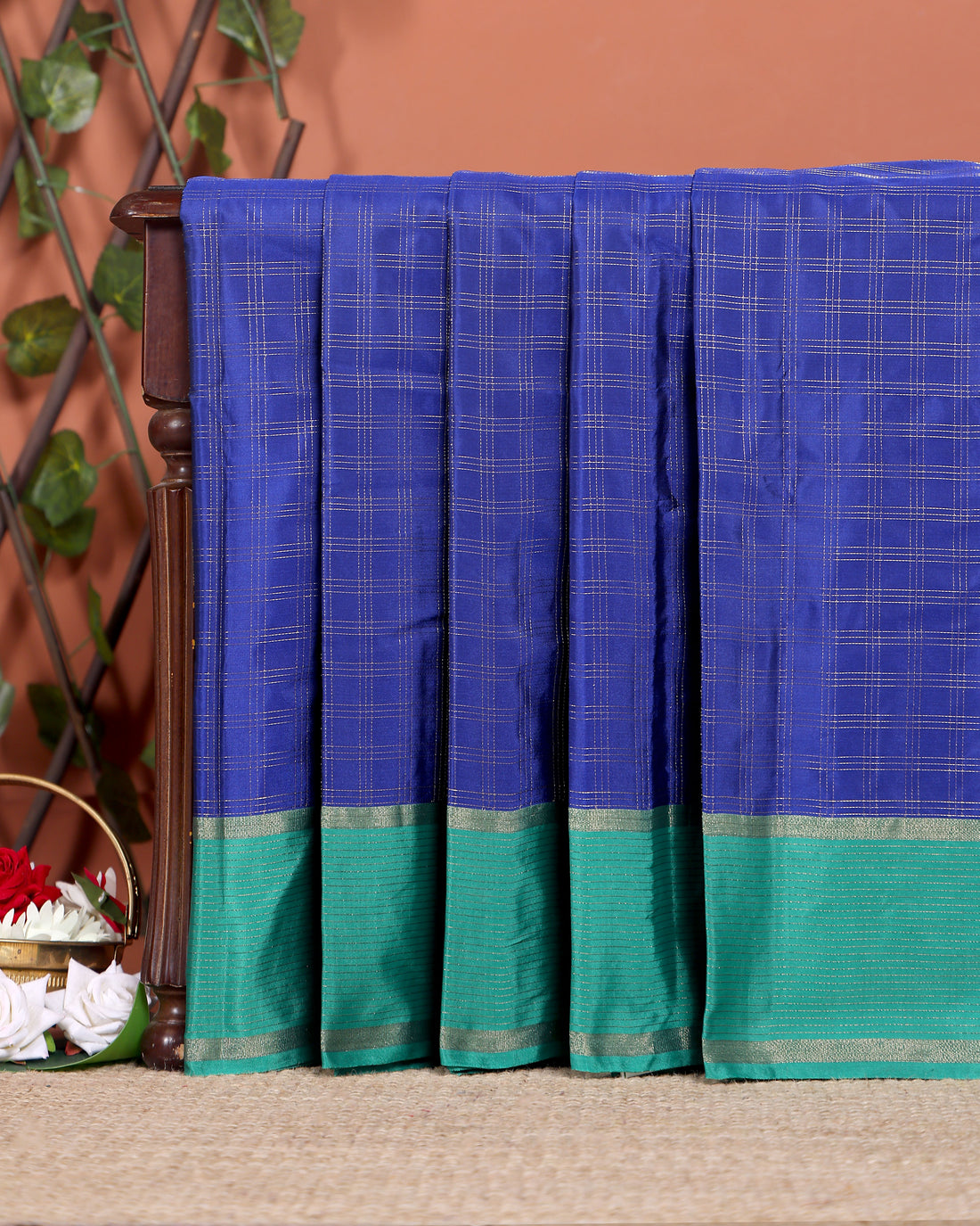 Classic Handloom Soft Silk Saree with Checked Body and Striped Border - Blue
