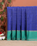 Classic Handloom Soft Silk Saree with Checked Body and Striped Border - Blue