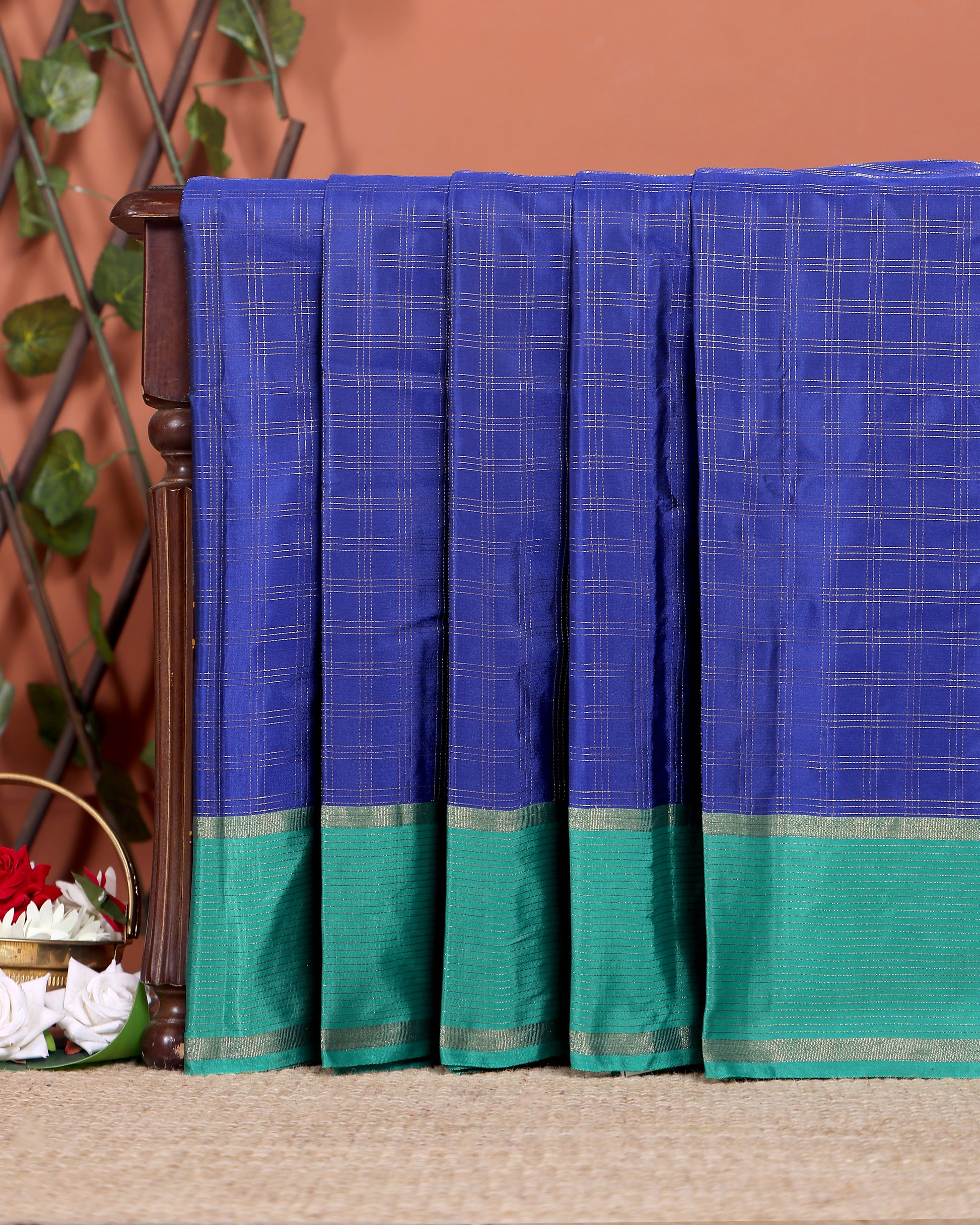 Classic Handloom Soft Silk Saree with Checked Body and Striped Border - Blue