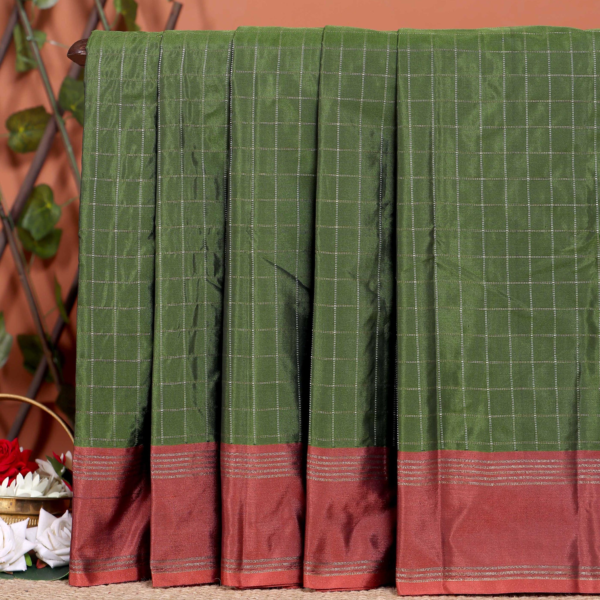 Classic Handloom Soft Silk Saree with Zari Checks and Contrast Border - Green