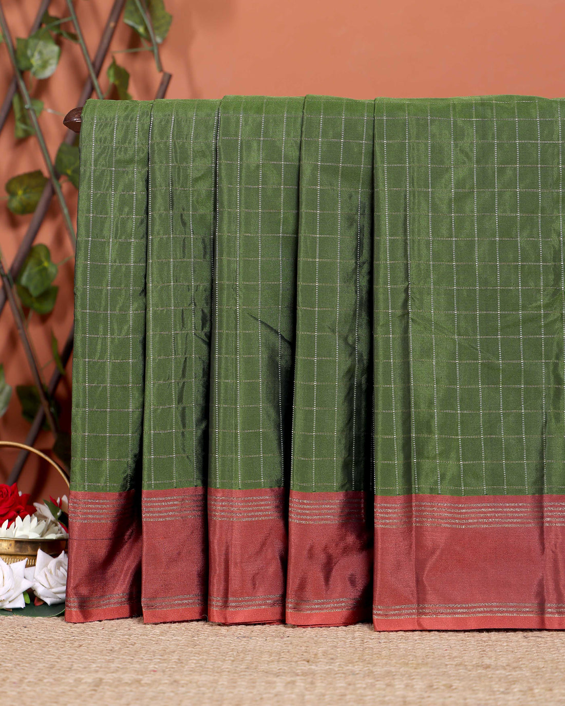 Classic Handloom Soft Silk Saree with Zari Checks and Contrast Border - Green