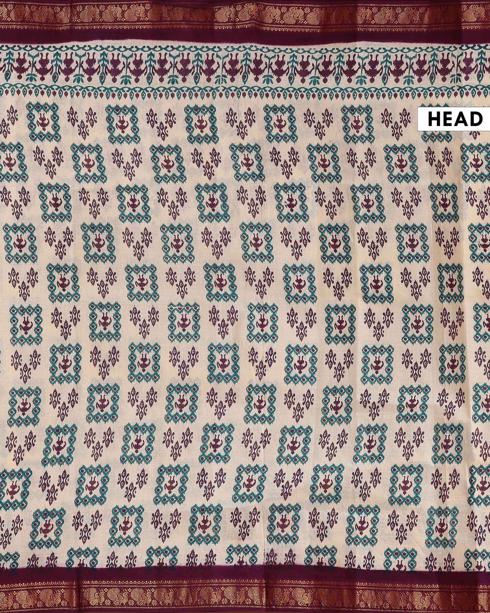 Classic Ikkat Style Printed Sungudi Cotton Saree with Intricate Border - Cream