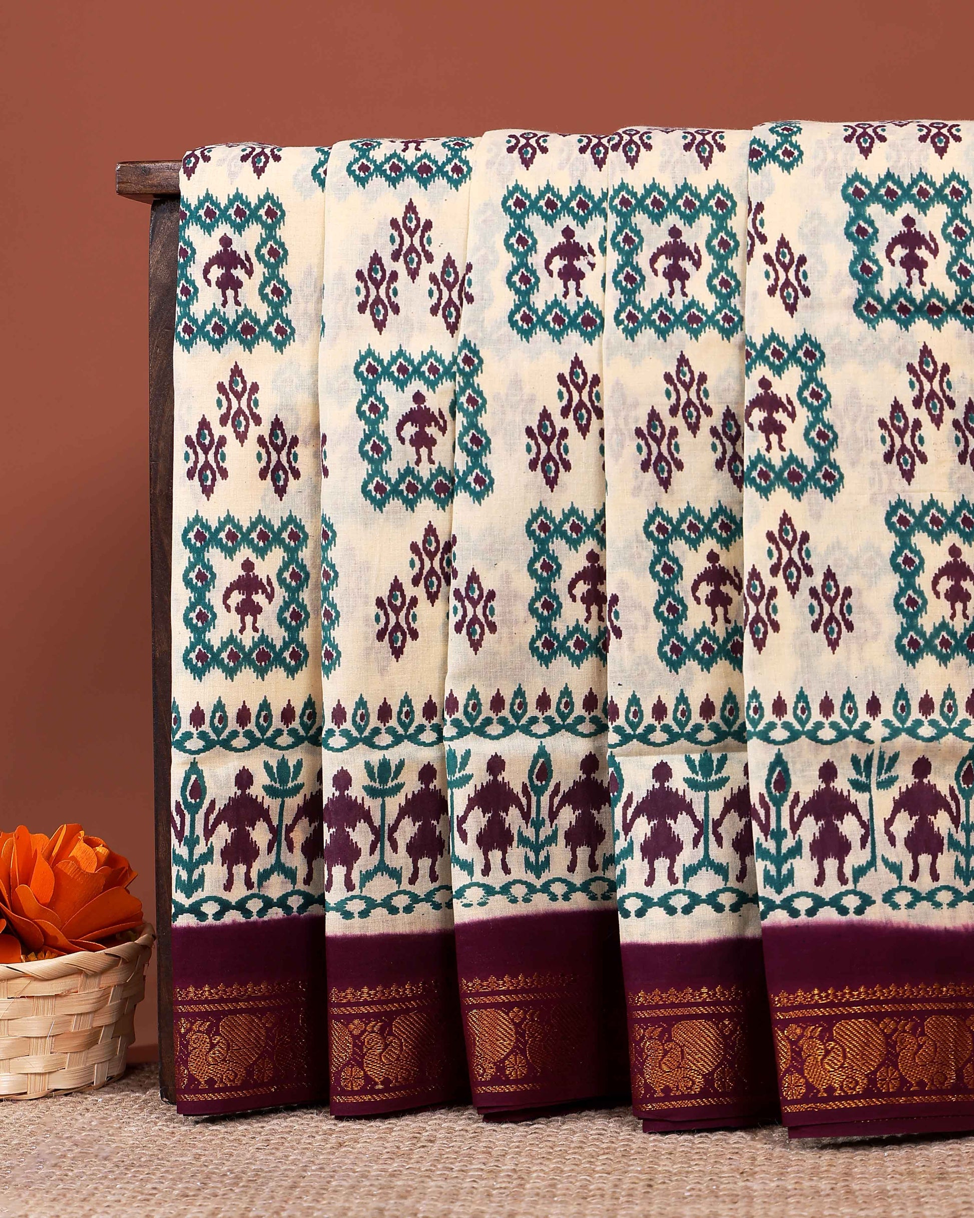 Classic Ikkat Style Printed Sungudi Cotton Saree with Intricate Border - Cream