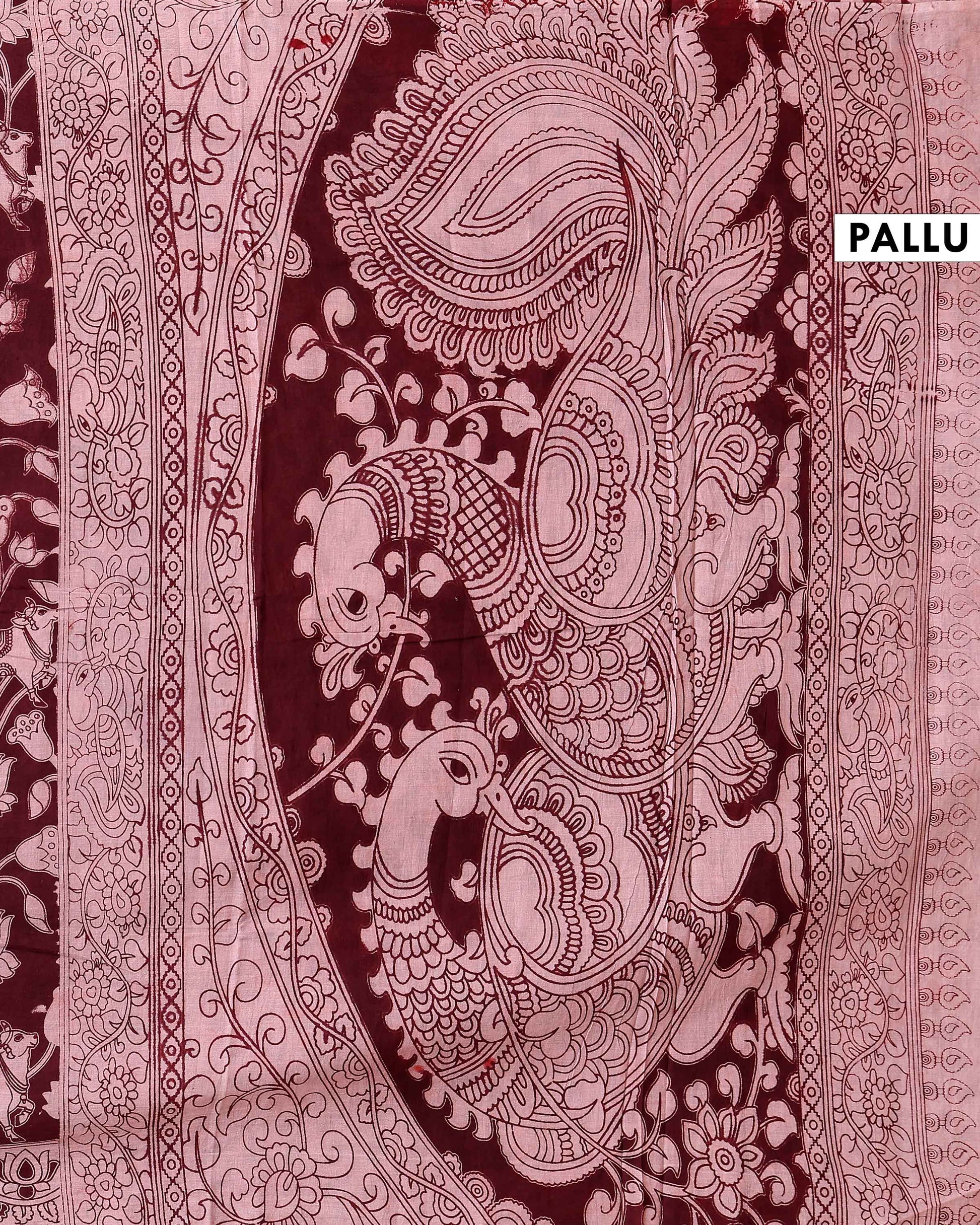 Classic Kalamkari Cotton Saree Highlighting Nature-Inspired Lotus Artwork - Maroon