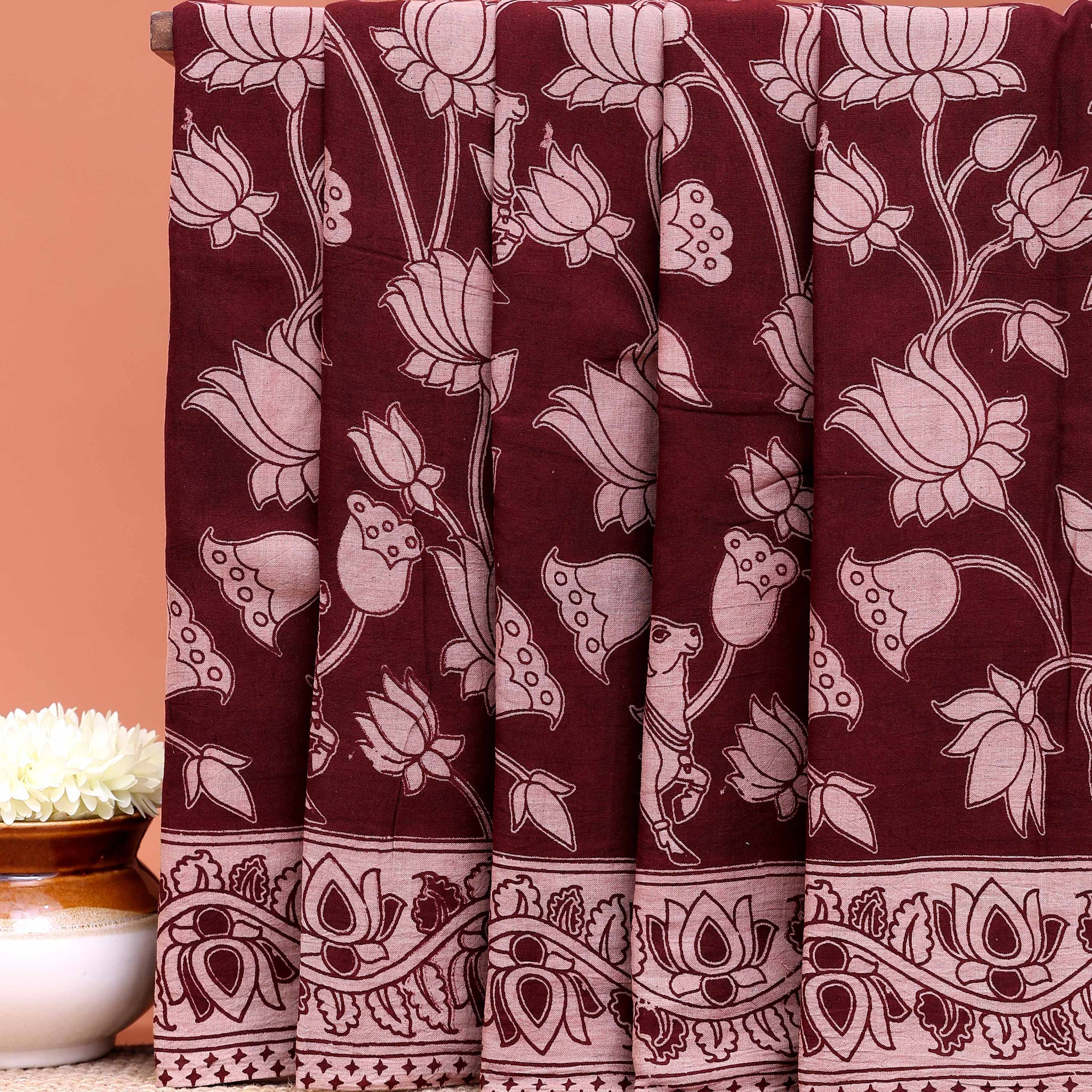 Classic Kalamkari Cotton Saree Highlighting Nature-Inspired Lotus Artwork - Maroon