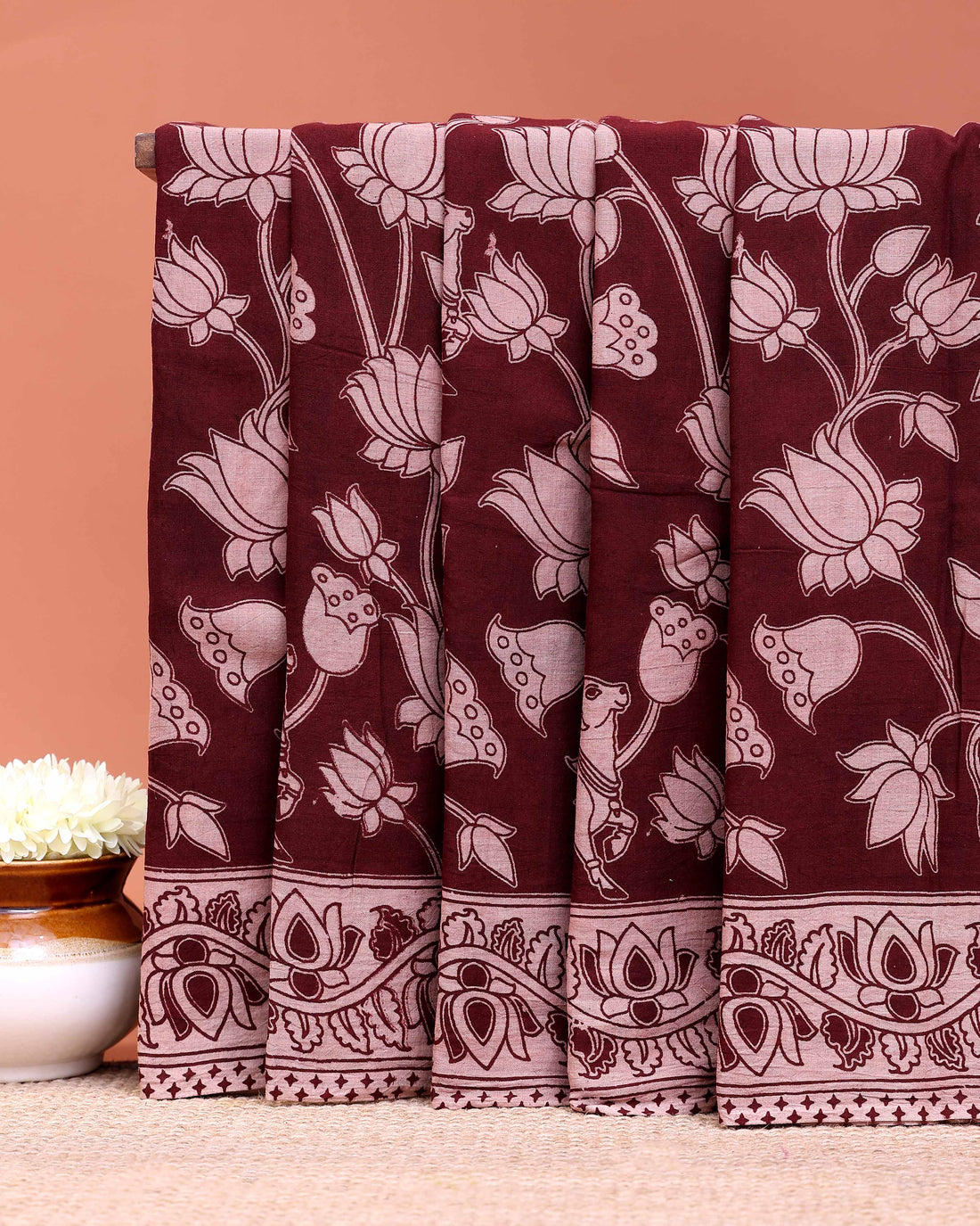 Classic Kalamkari Cotton Saree Highlighting Nature-Inspired Lotus Artwork - Maroon