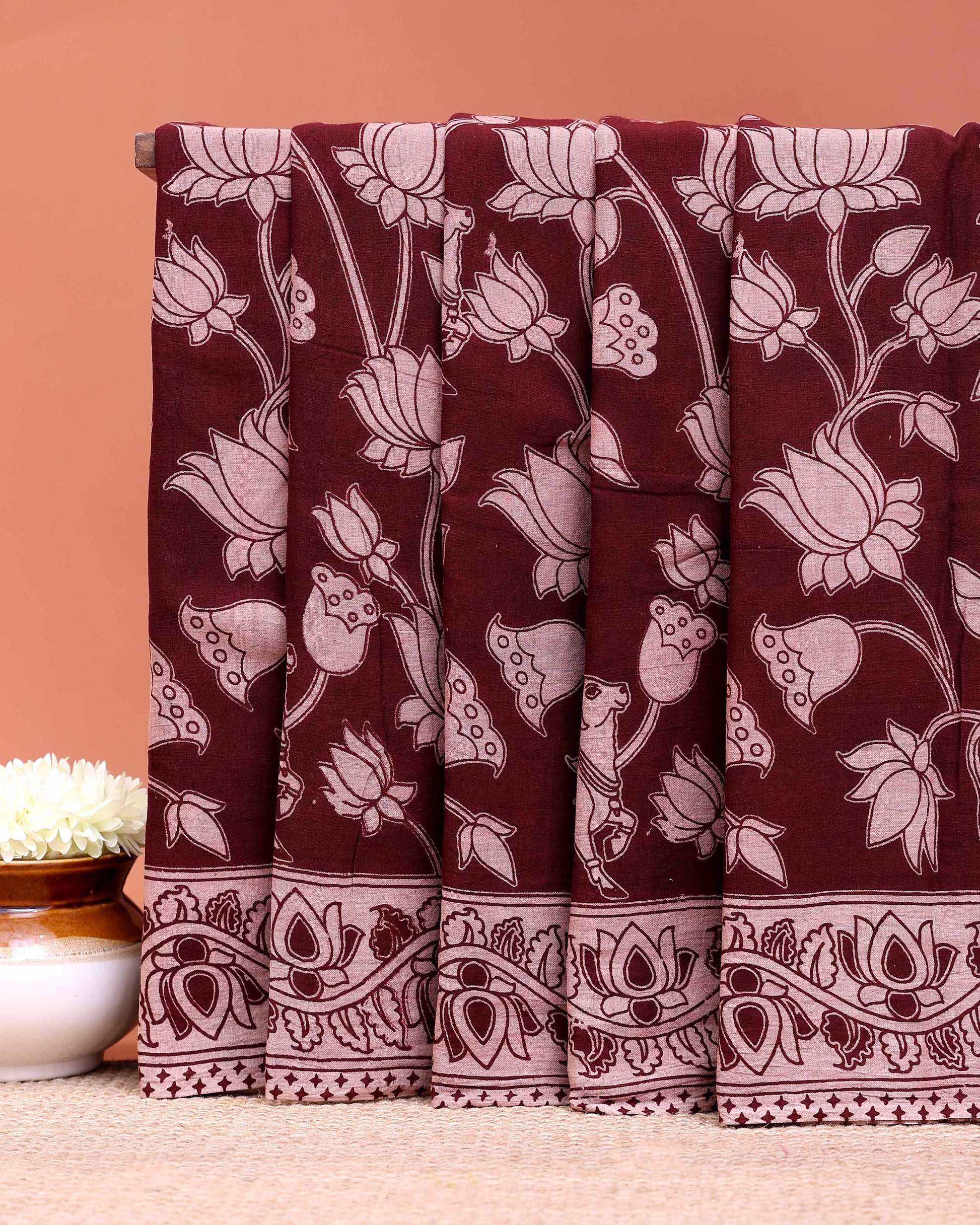 Classic Kalamkari Cotton Saree Highlighting Nature-Inspired Lotus Artwork - Maroon