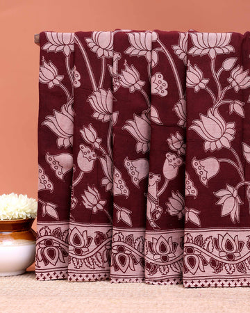 Classic Kalamkari Cotton Saree Highlighting Nature-Inspired Lotus Artwork - Maroon