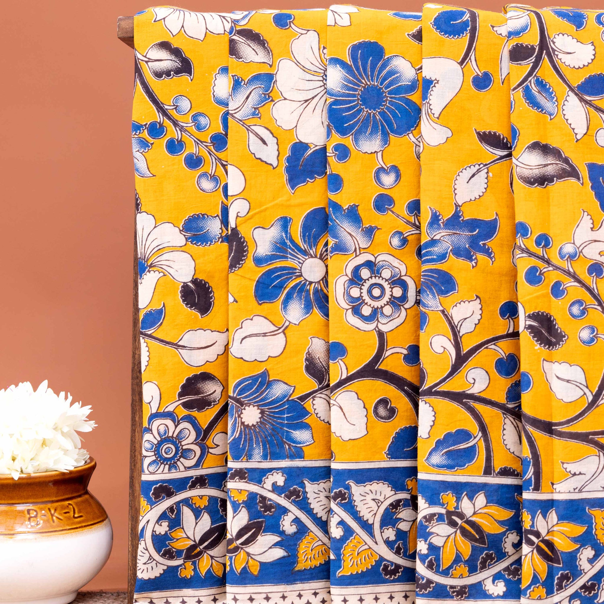 Classic Kalamkari Cotton Saree Intricate Floral and Leaf Designs - Yellow