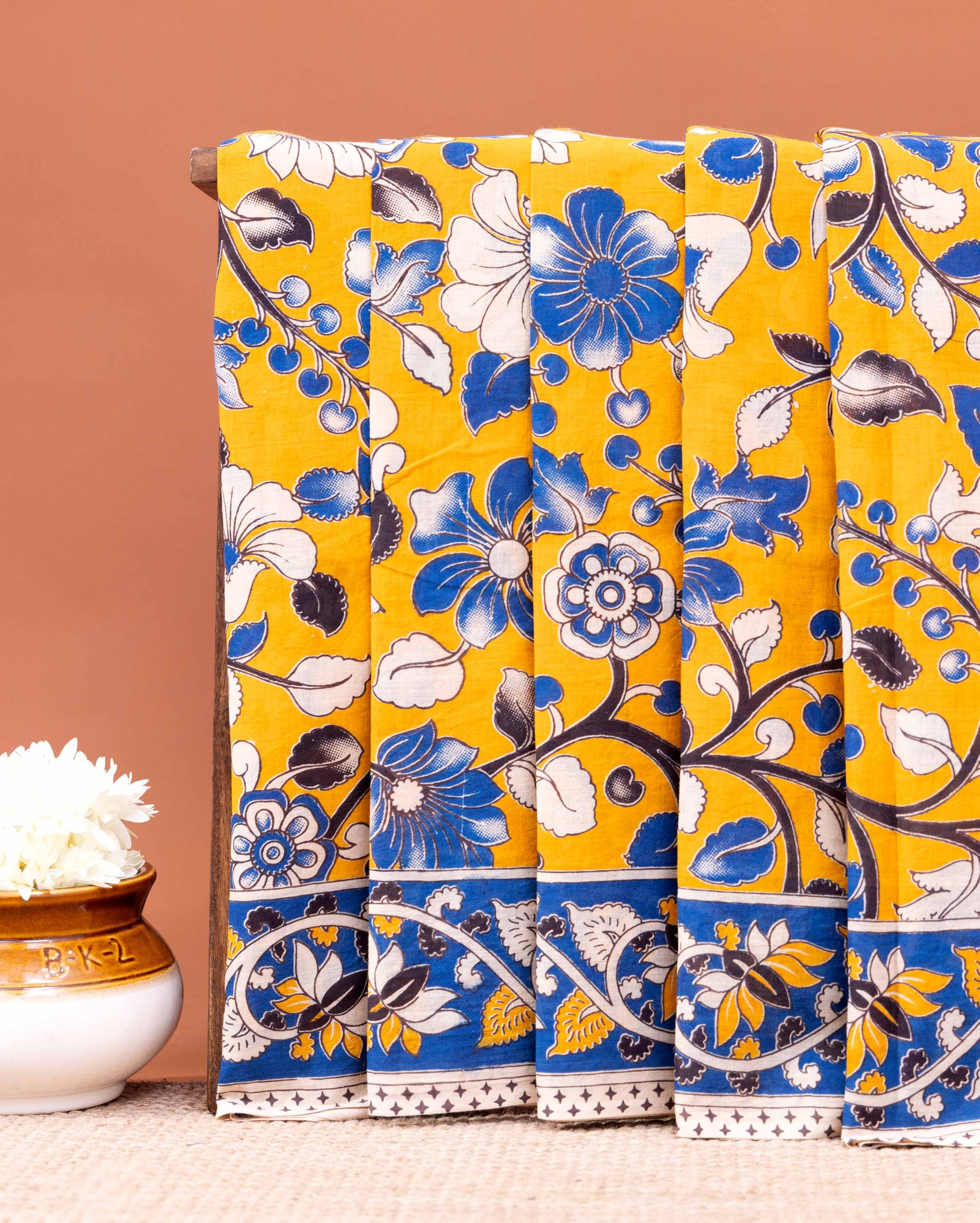 Classic Kalamkari Cotton Saree Intricate Floral and Leaf Designs - Yellow