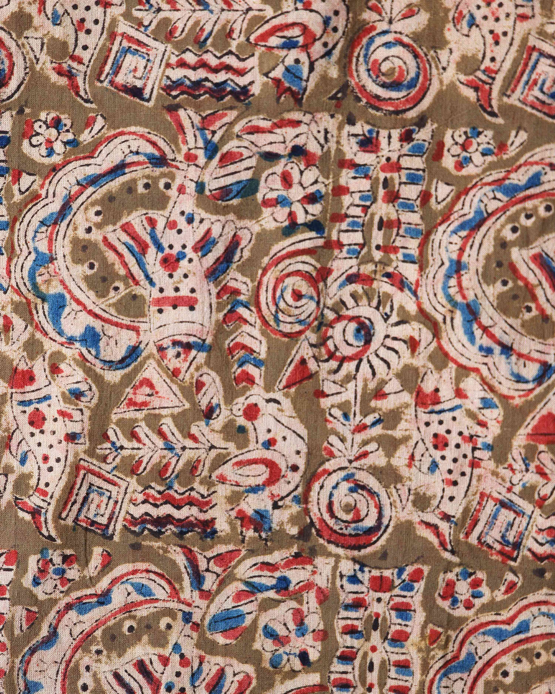Classic Kalamkari Inspired Print Unstitched Blouse Material - Olive Green