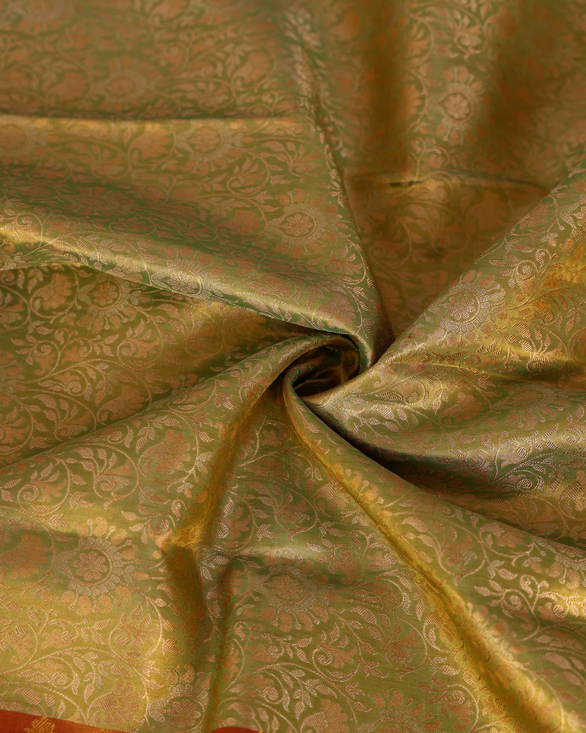 Classic Kanchipuram Tissue Silk Saree with Intricate Zari Weaving and Floral Motif Border - Green-Close Up