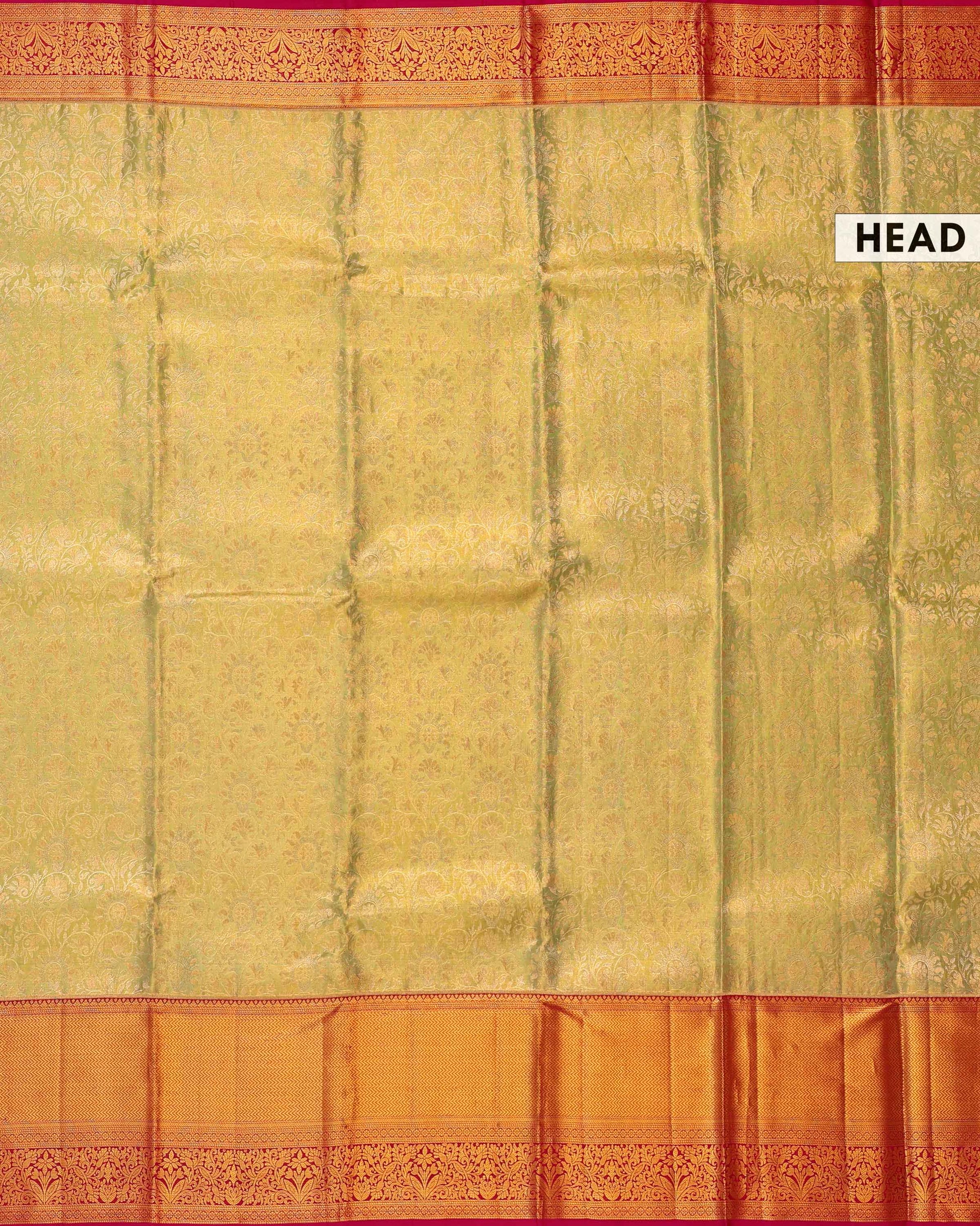 Classic Kanchipuram Tissue Silk Saree with Intricate Zari Weaving and Floral Motif Border - Green-Head