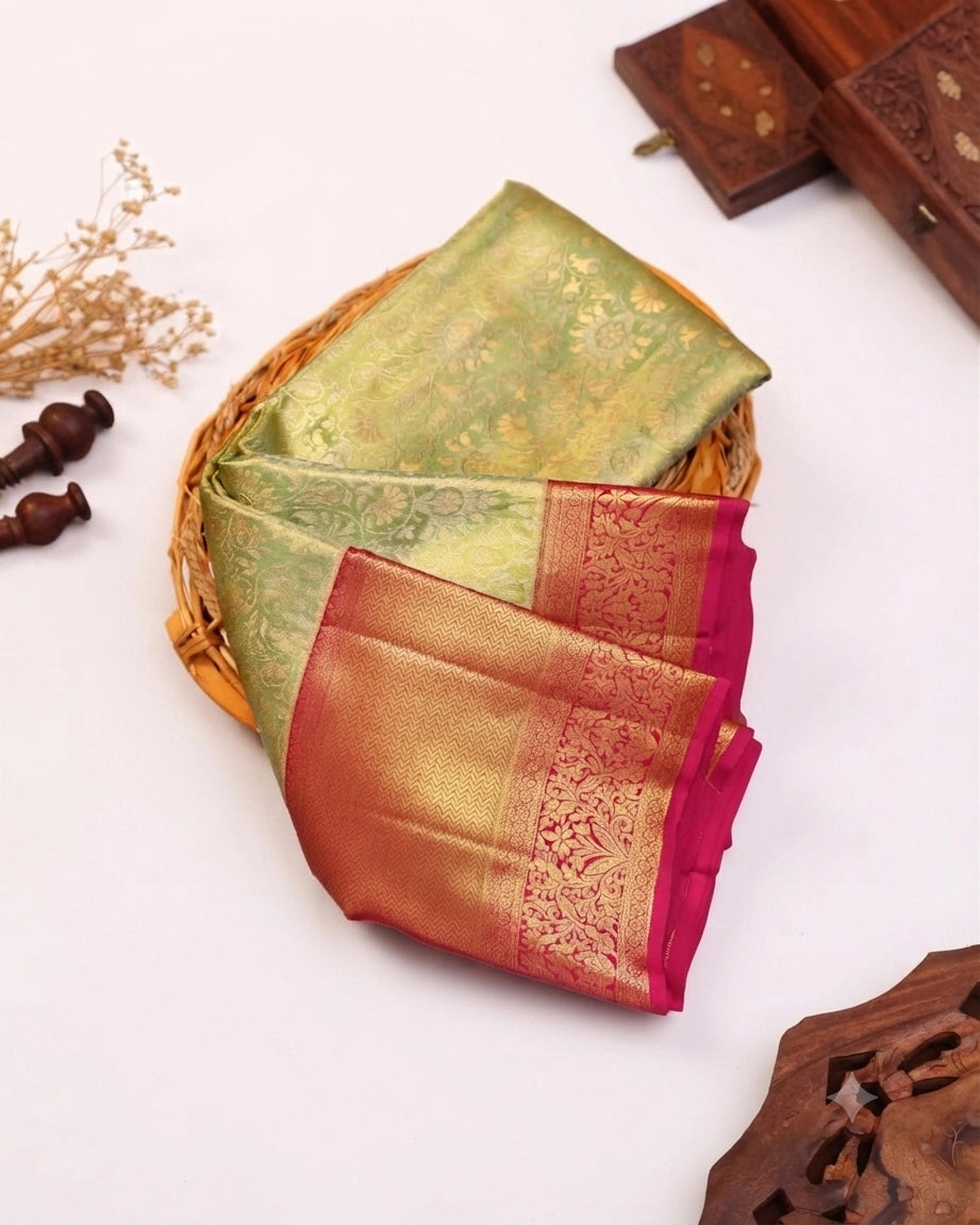 Classic Kanchipuram Tissue Silk Saree with Intricate Zari Weaving and Floral Motif Border - Green