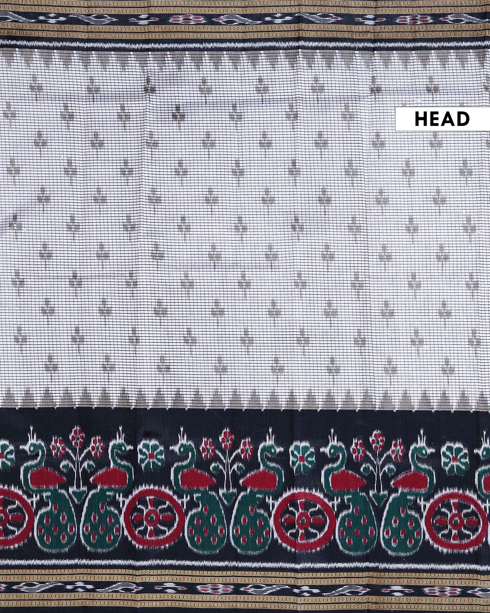 Classic Pochampally Ikkat Handloom Saree with Temple Border and Peacock Design - Off White