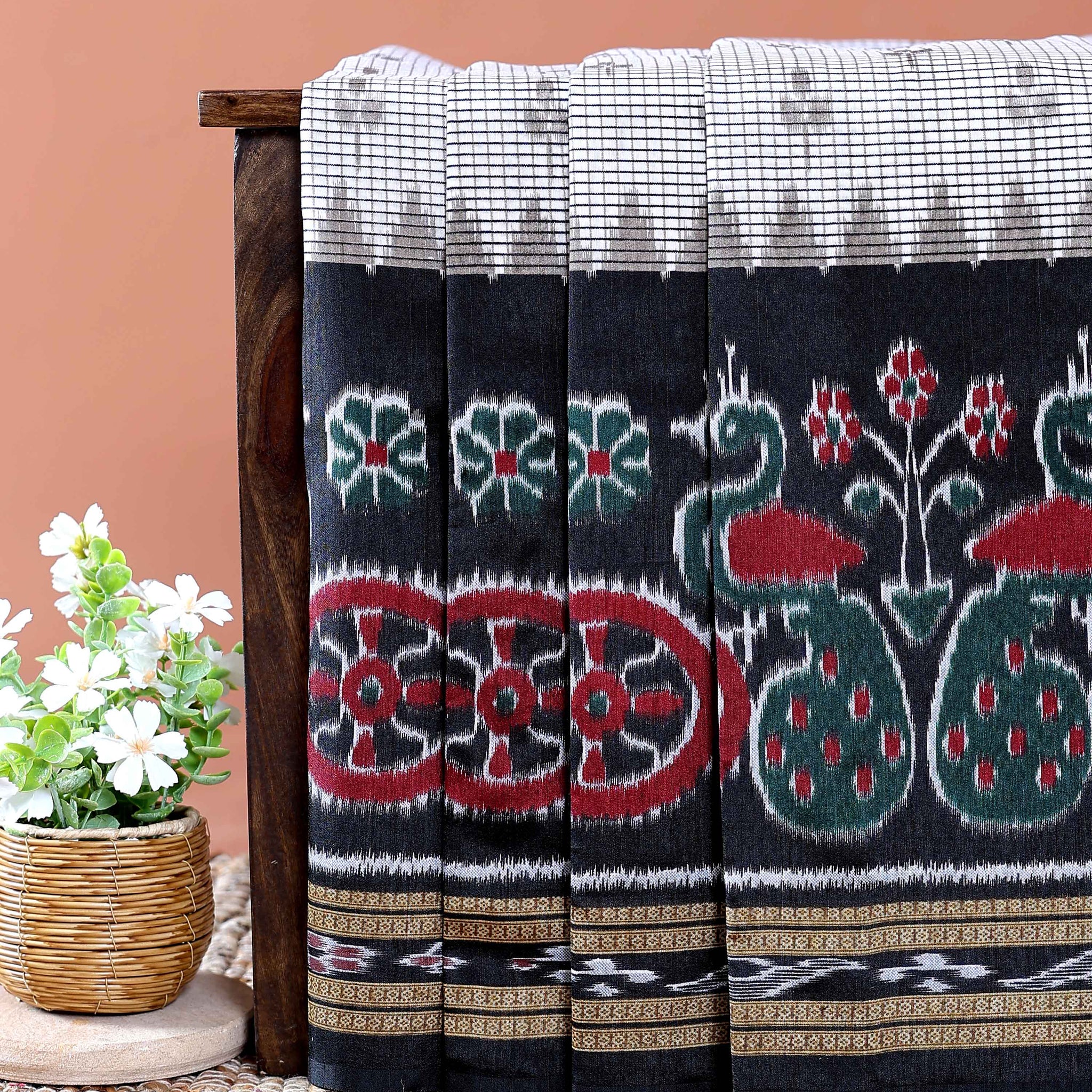 Classic Pochampally Ikkat Handloom Saree with Temple Border and Peacock Design - Off White