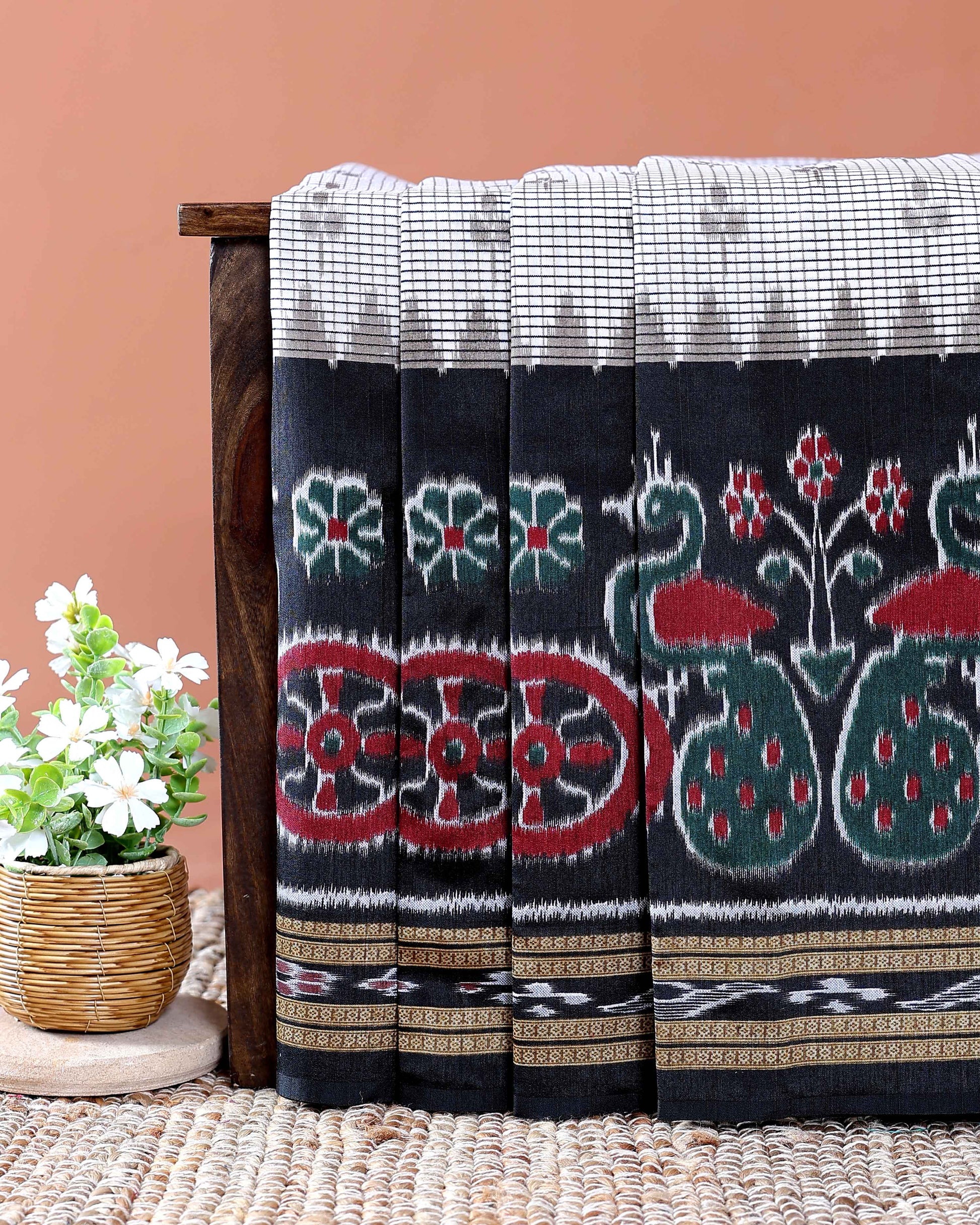 Classic Pochampally Ikkat Handloom Saree with Temple Border and Peacock Design - Off White