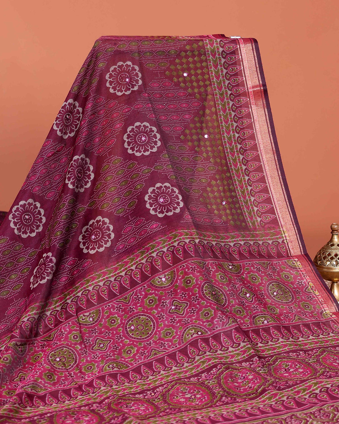 Classic Semi Chanderi Saree with Floral Inspired Print and Zari Border - Burgundy