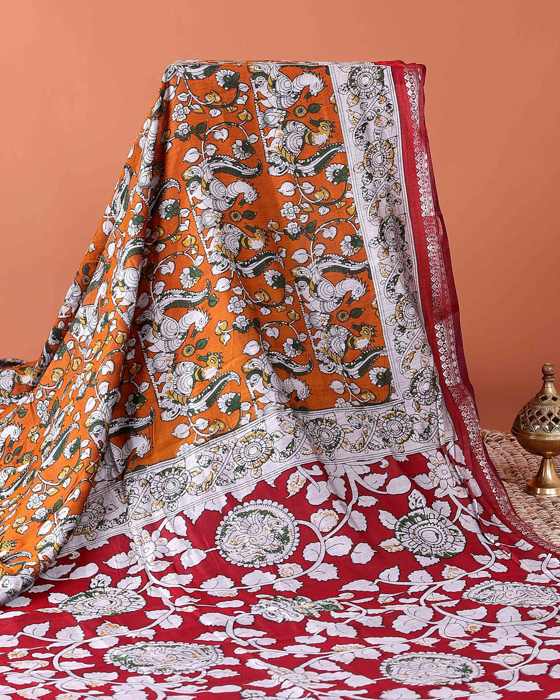Classic Semi Chanderi Saree with Kalamkari Inspired Print and Zari Border - Orange
