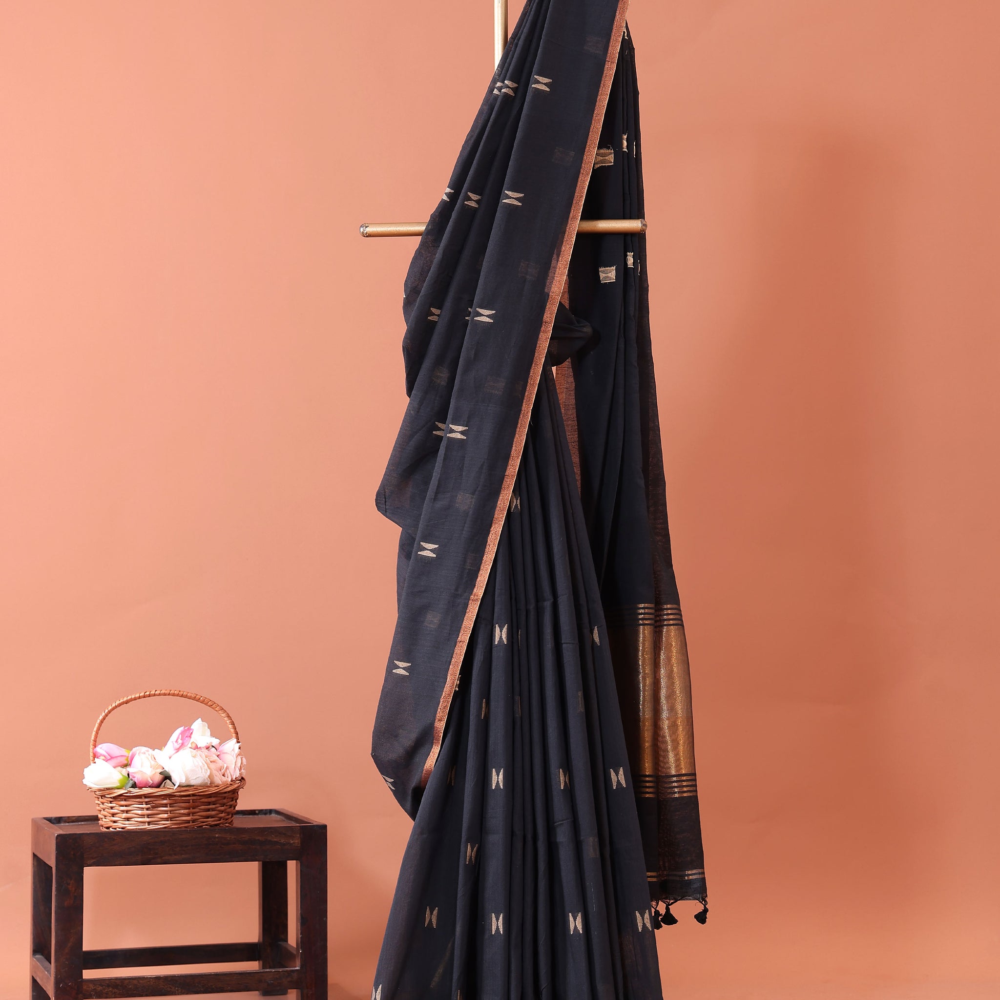 Classic Semi Silk Cotton Saree Golden Zari Border and All-Over Thread Motifs - Black