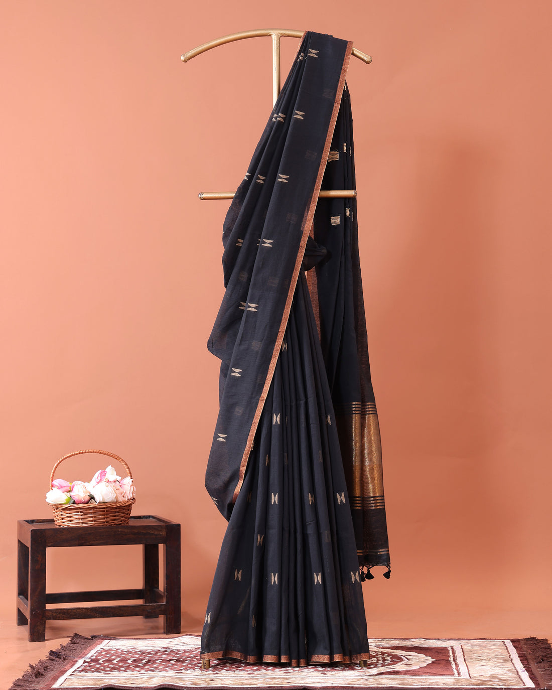 Classic Semi Silk Cotton Saree Golden Zari Border and All-Over Thread Motifs - Black