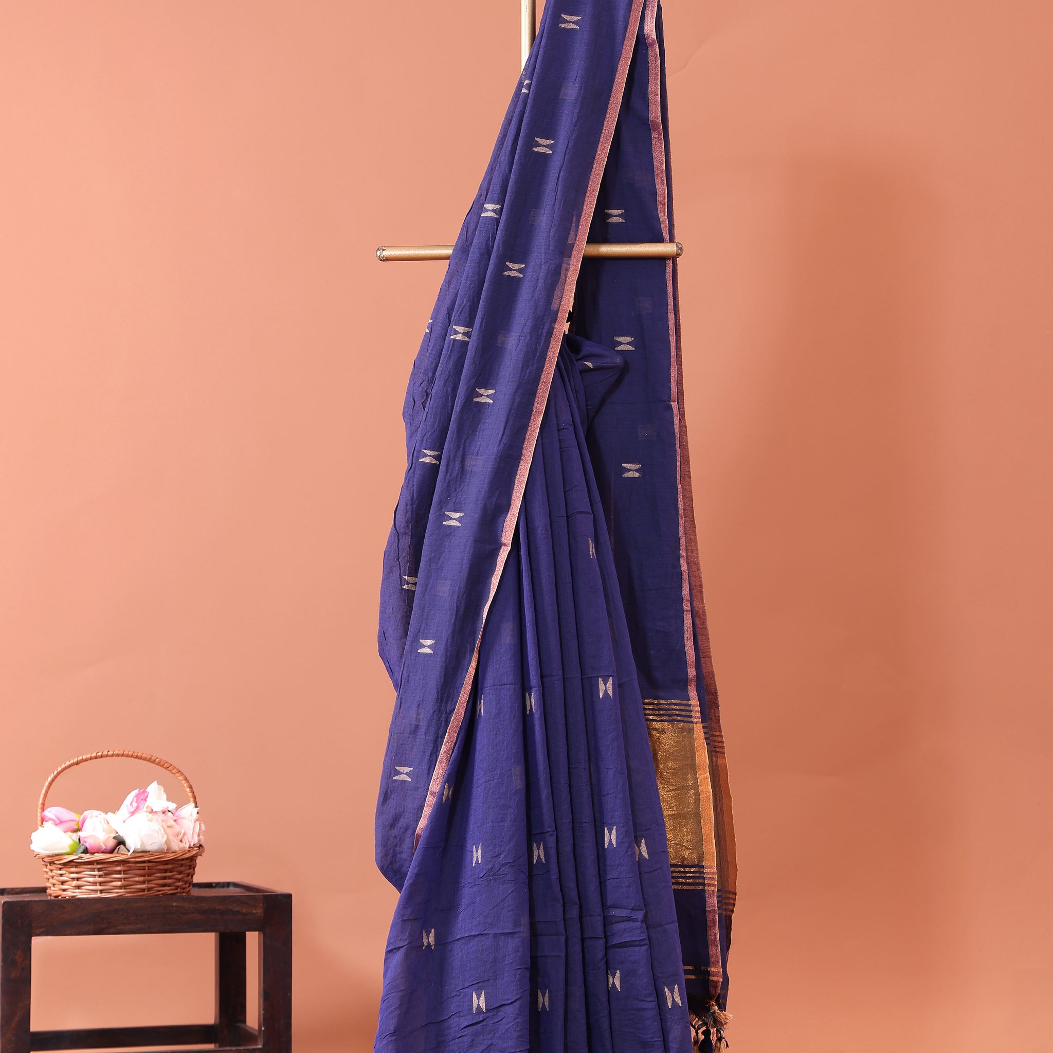 Classic Semi Silk Cotton Saree Golden Zari Border and All-Over Thread Motifs - Dark Blue