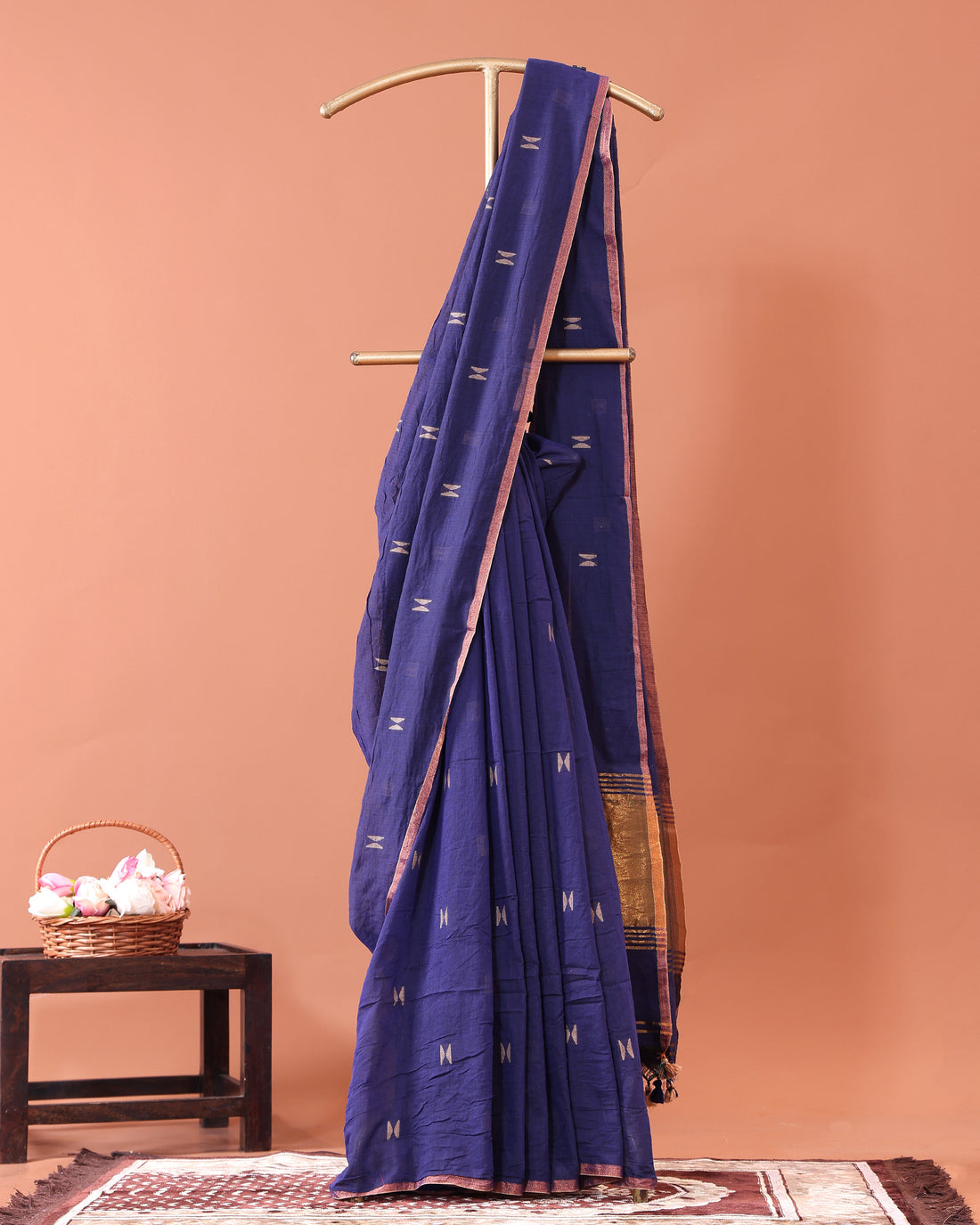 Classic Semi Silk Cotton Saree Golden Zari Border and All-Over Thread Motifs - Dark Blue