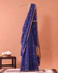 Classic Semi Silk Cotton Saree Golden Zari Border and All-Over Thread Motifs - Dark Blue