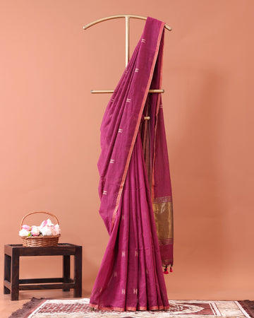 Classic Semi Silk Cotton Saree Golden Zari Border and All-Over Thread Motifs - Onion Pink