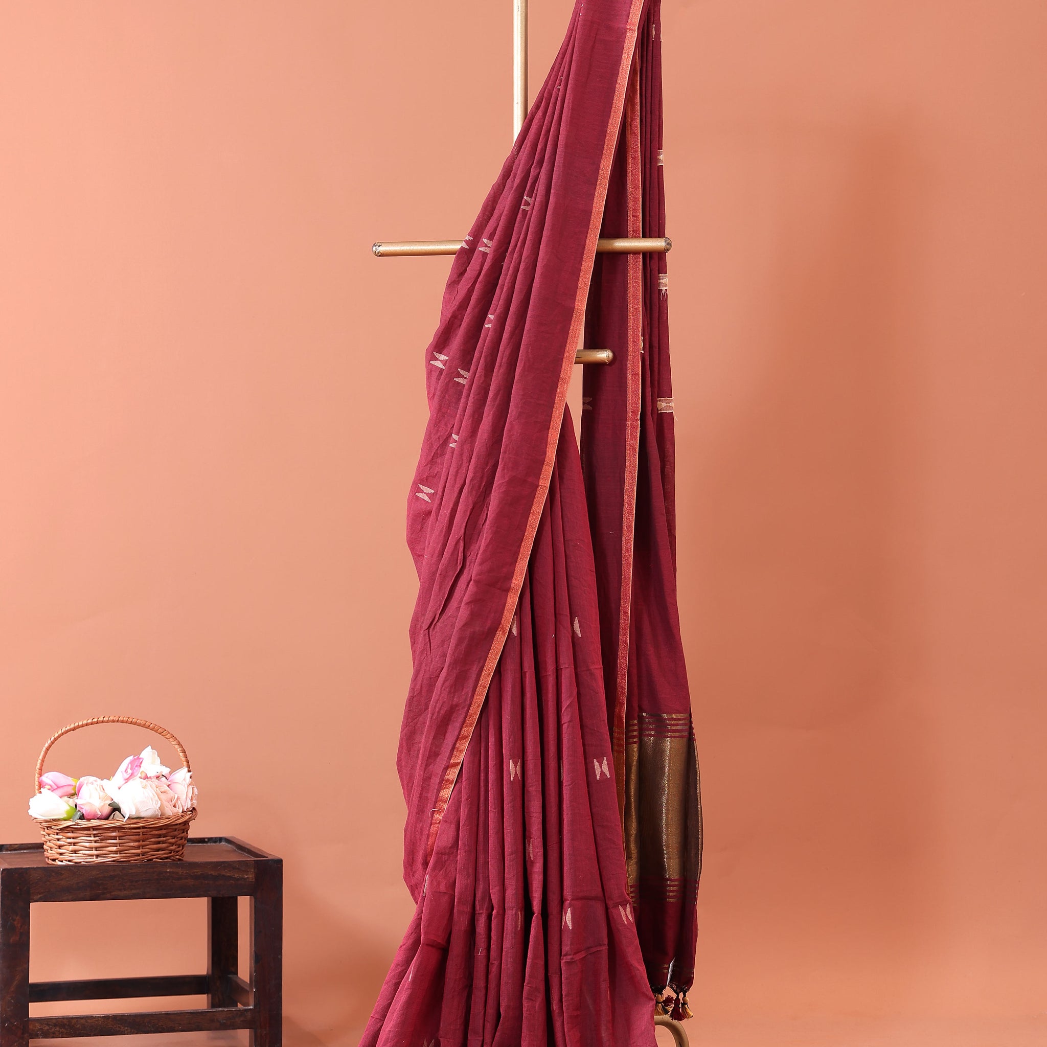 Classic Semi Silk Cotton Saree Golden Zari Border and All-Over Thread Motifs - Red