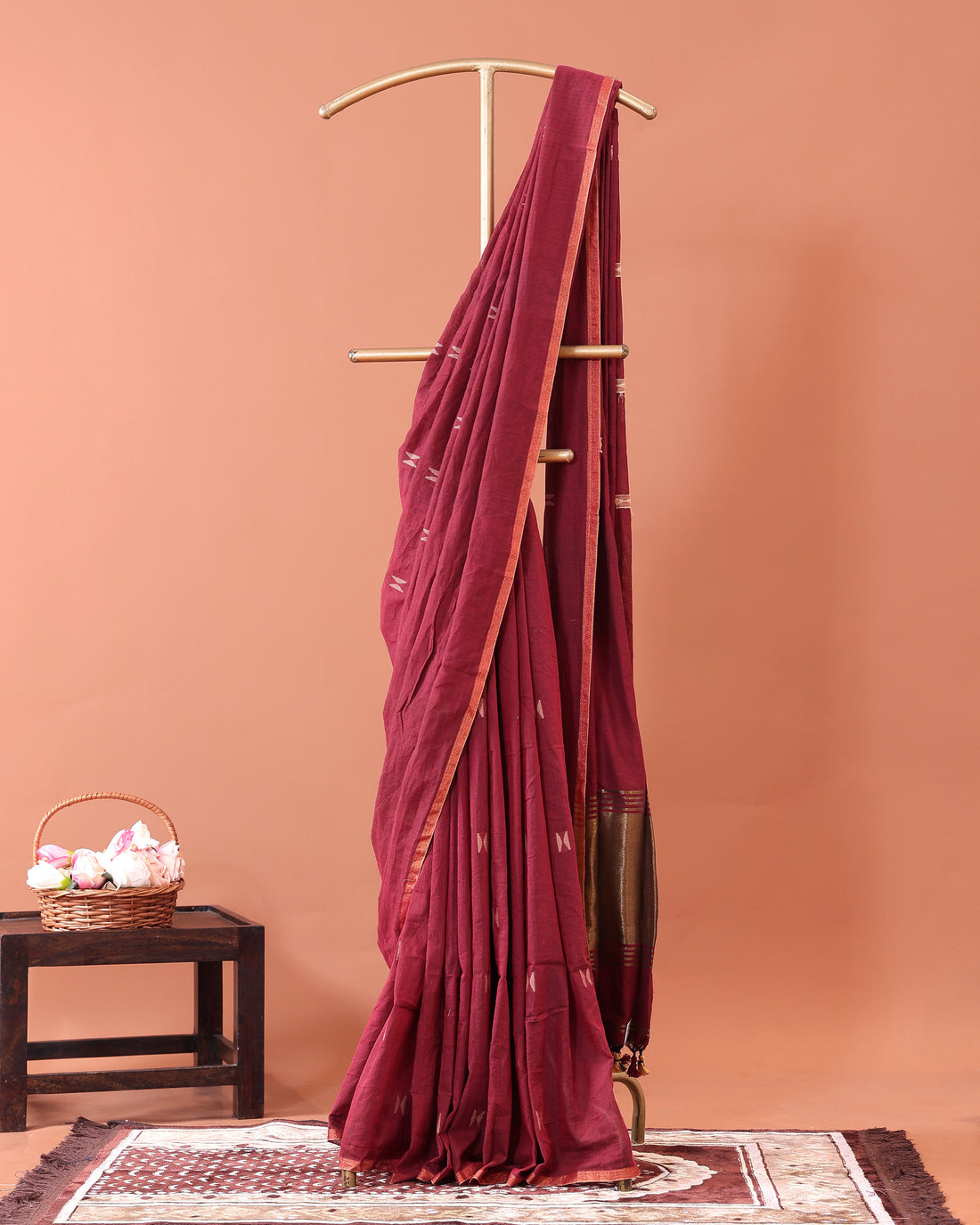 Classic Semi Silk Cotton Saree Golden Zari Border and All-Over Thread Motifs - Red