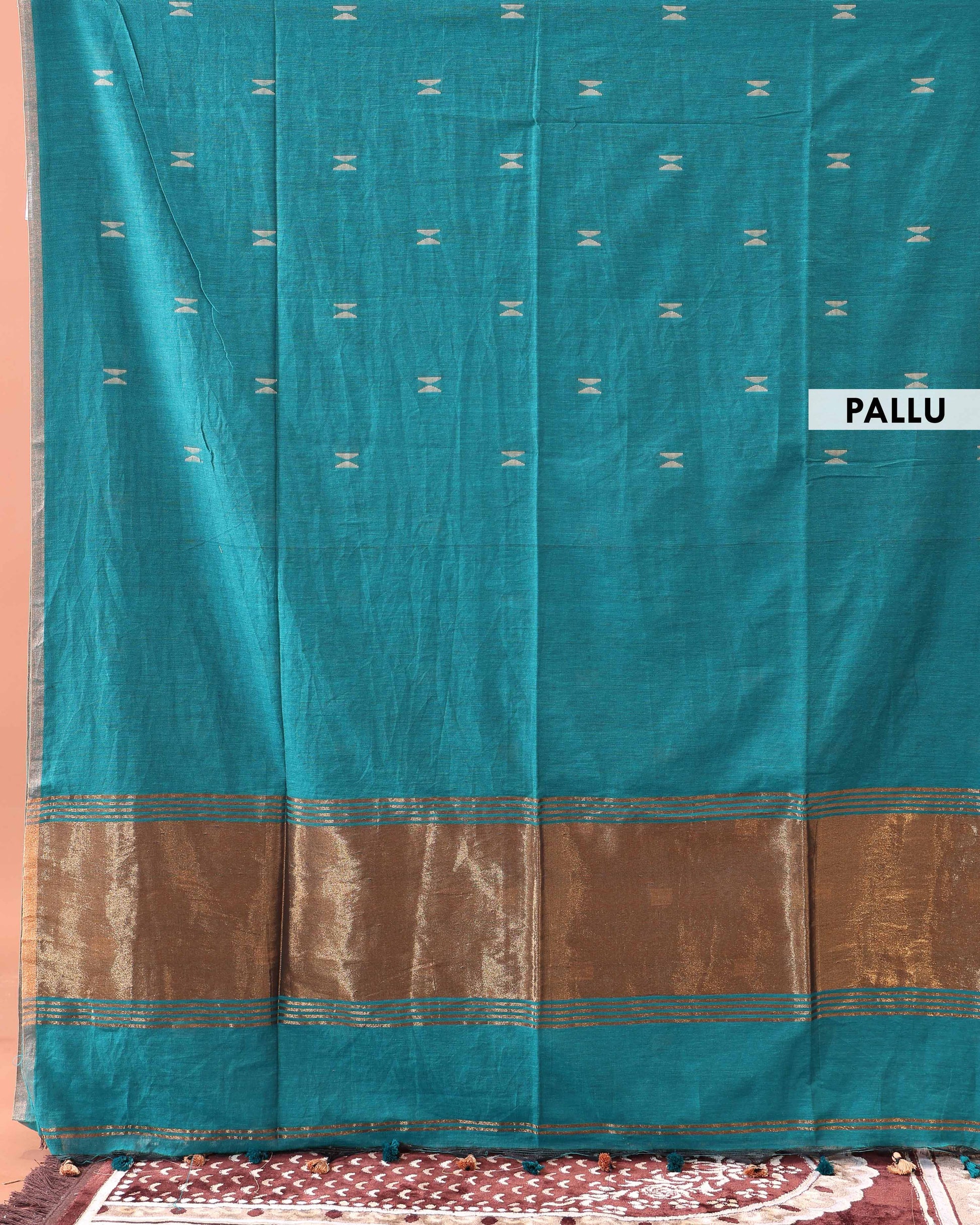 Classic Semi Silk Cotton Saree Golden Zari Border and All-Over Thread Motifs - Teal