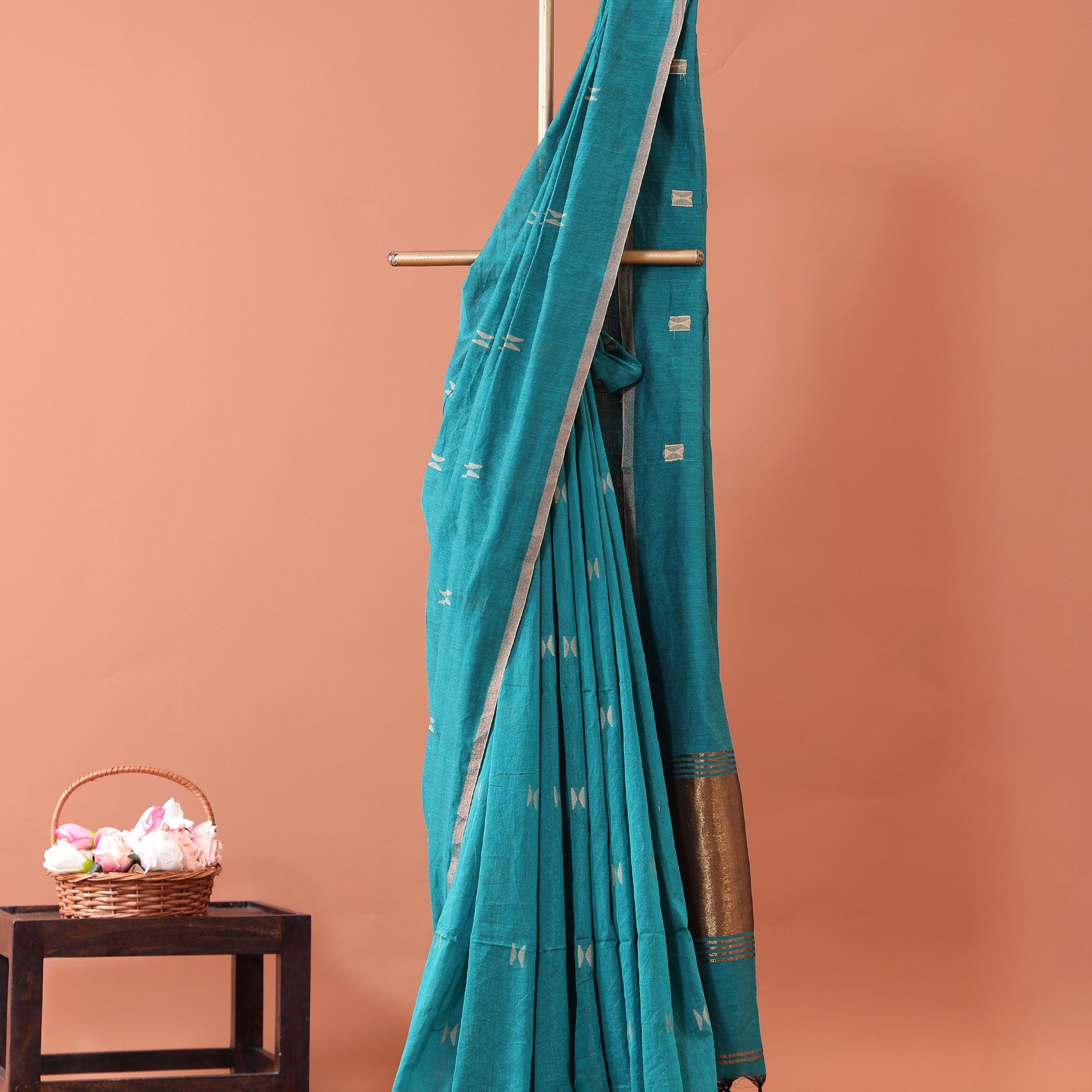 Classic Semi Silk Cotton Saree Golden Zari Border and All-Over Thread Motifs - Teal