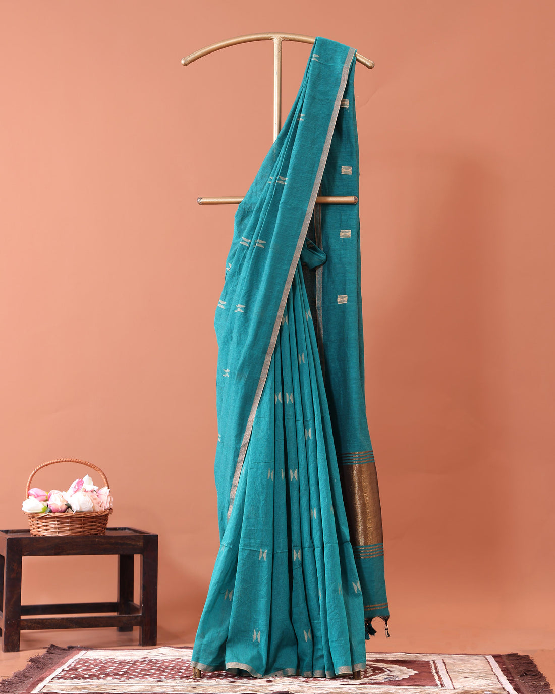 Classic Semi Silk Cotton Saree Golden Zari Border and All-Over Thread Motifs - Teal