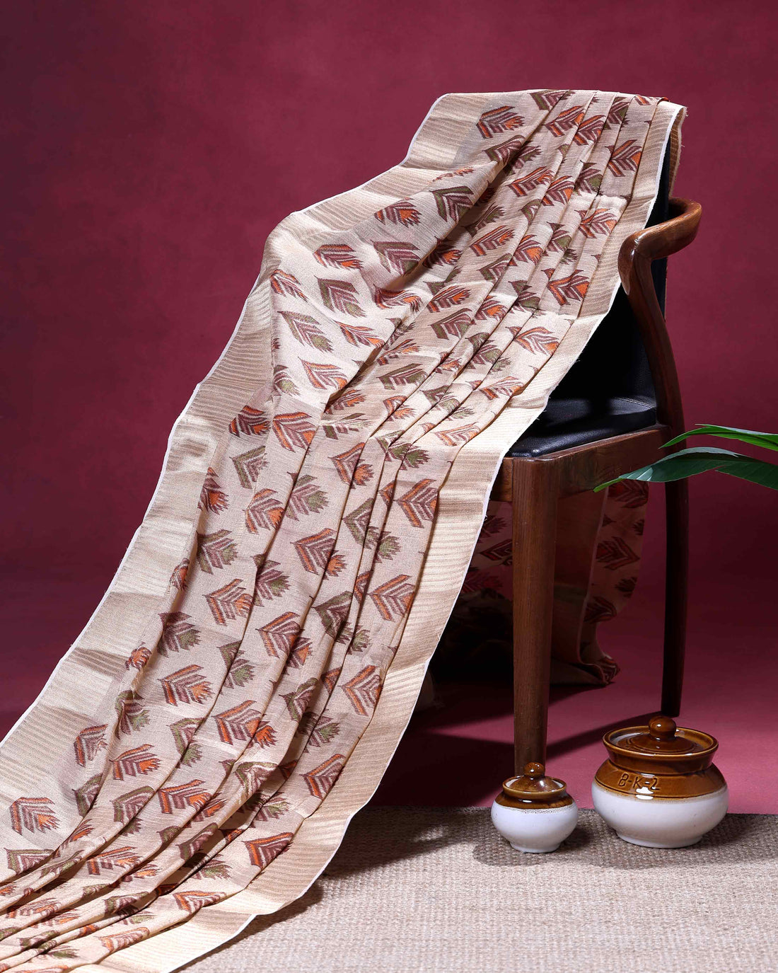 Classic Semi Tissue Saree with Ikkat Inspired Printed Body and a Subtle Zari Border – Beige