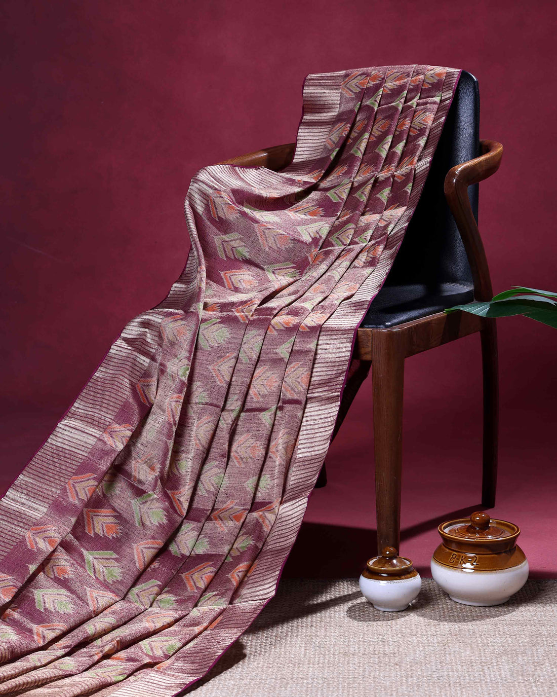 Classic Semi Tissue Saree with Ikkat Inspired Printed Body and a Subtle Zari Border – Maroon