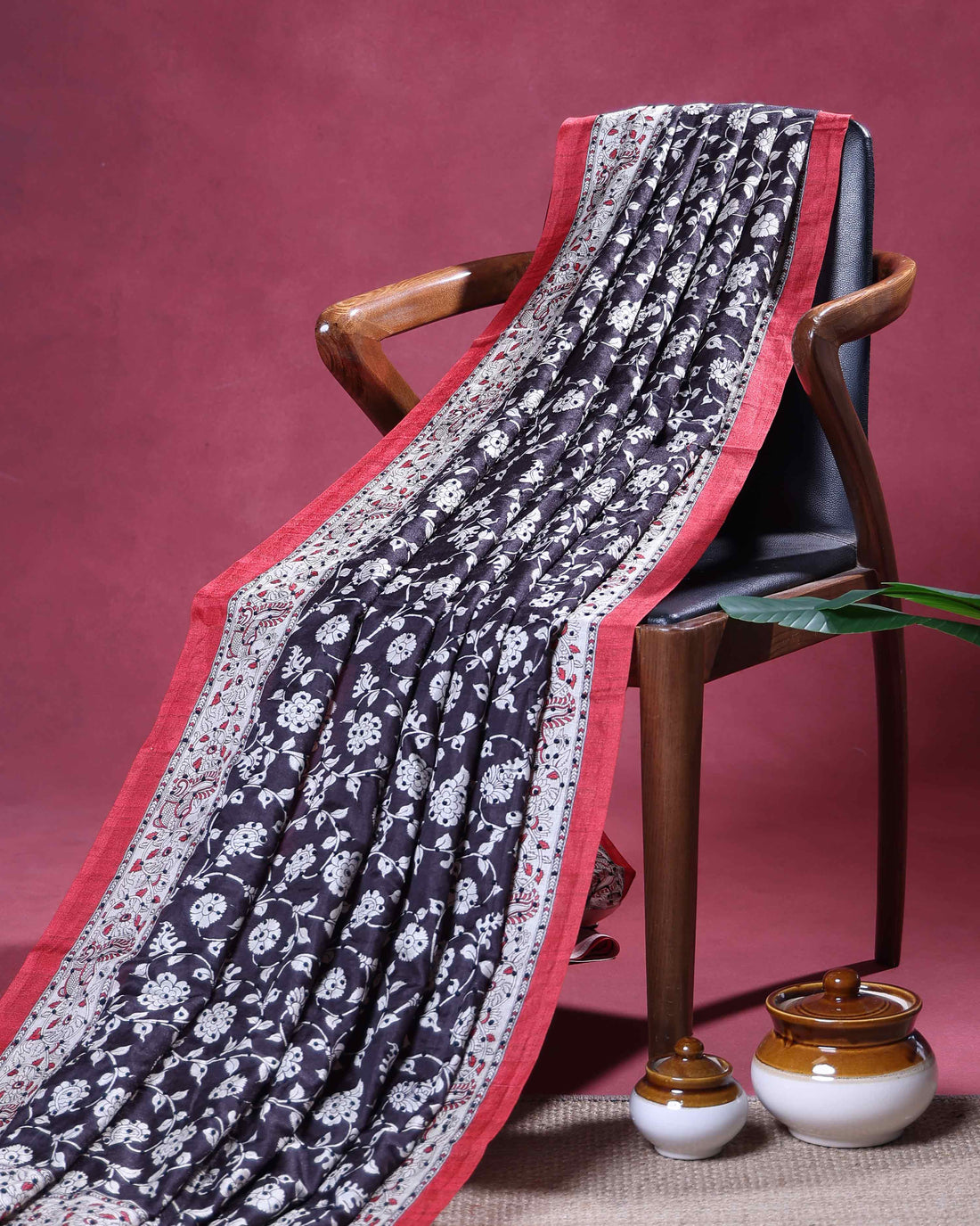 Classic Semi Tussar Kalamkari Inspired Knot Work Saree with a Classic Self Border - Black
