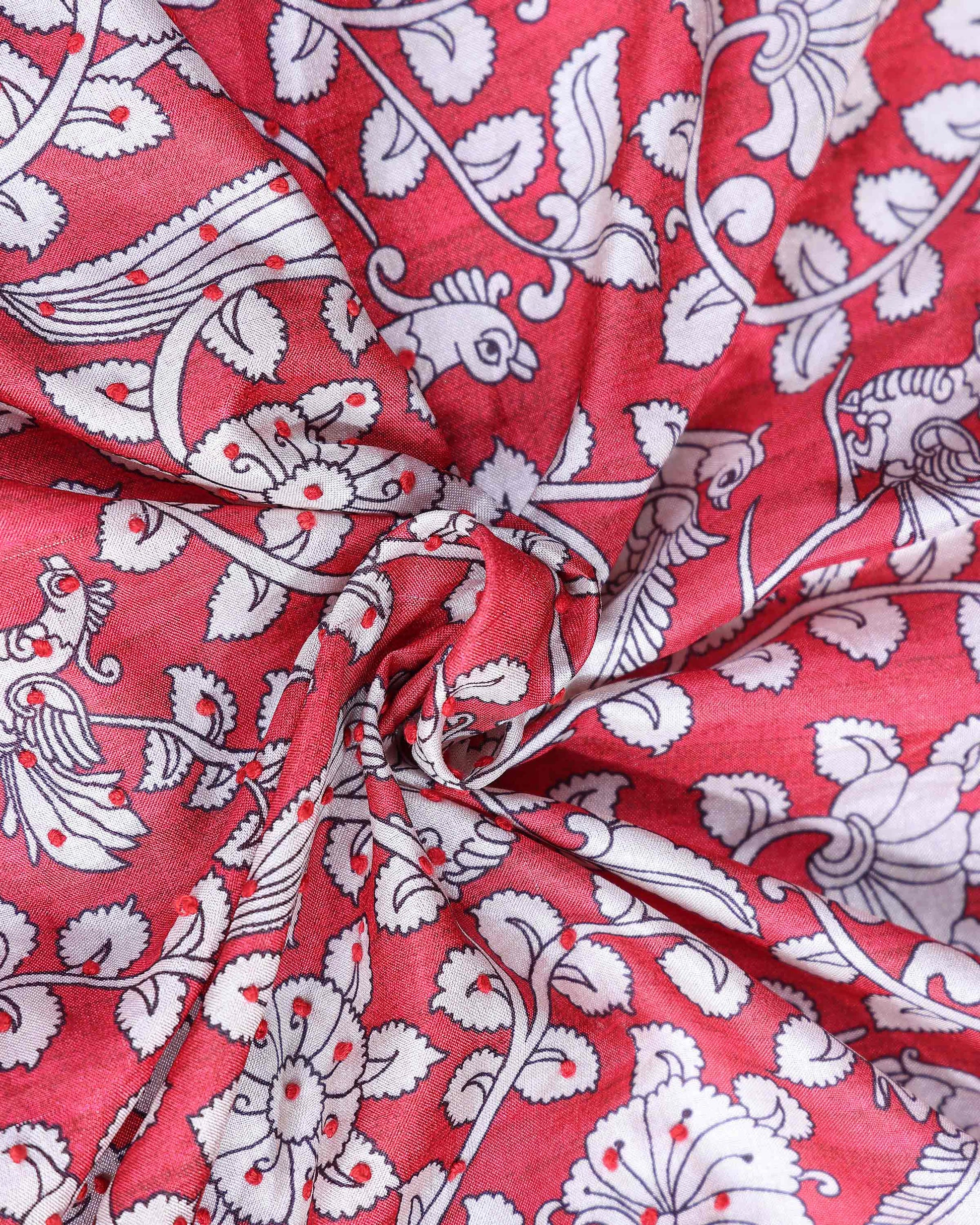 Classic Semi Tussar Kalamkari Inspired Knot Work Saree with a Classic Self Border - Red-Close Up