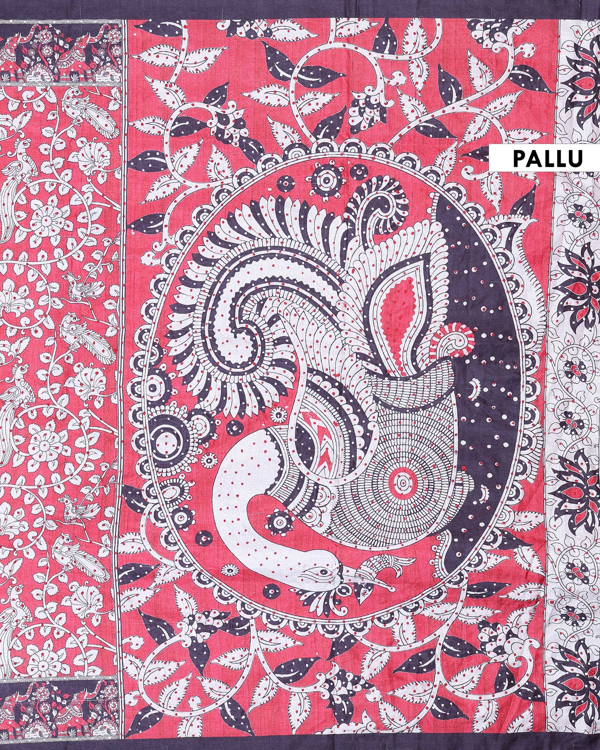 Classic Semi Tussar Kalamkari Inspired Knot Work Saree with a Classic Self Border - Red-Pallu