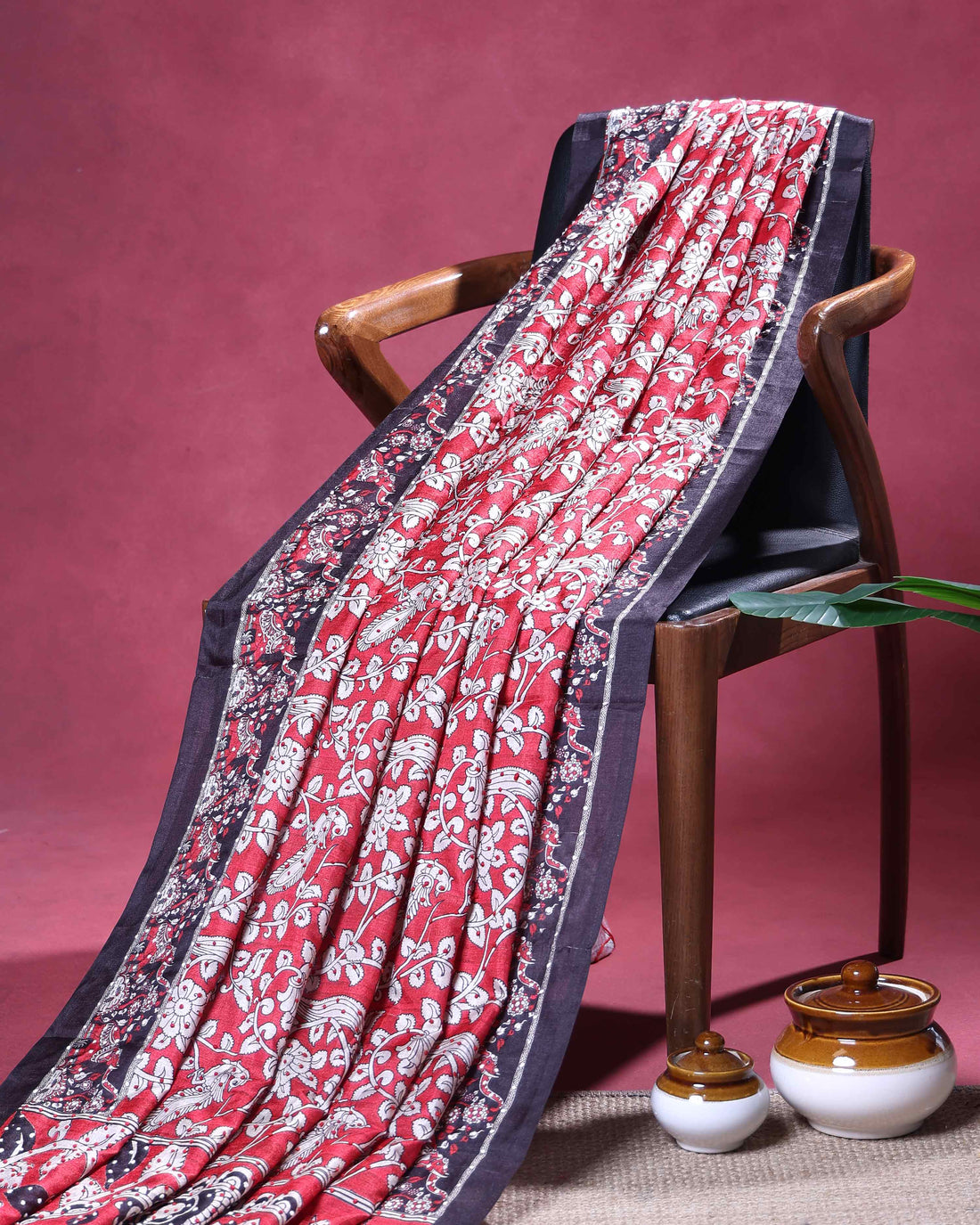 Classic Semi Tussar Kalamkari Inspired Knot Work Saree with a Classic Self Border - Red