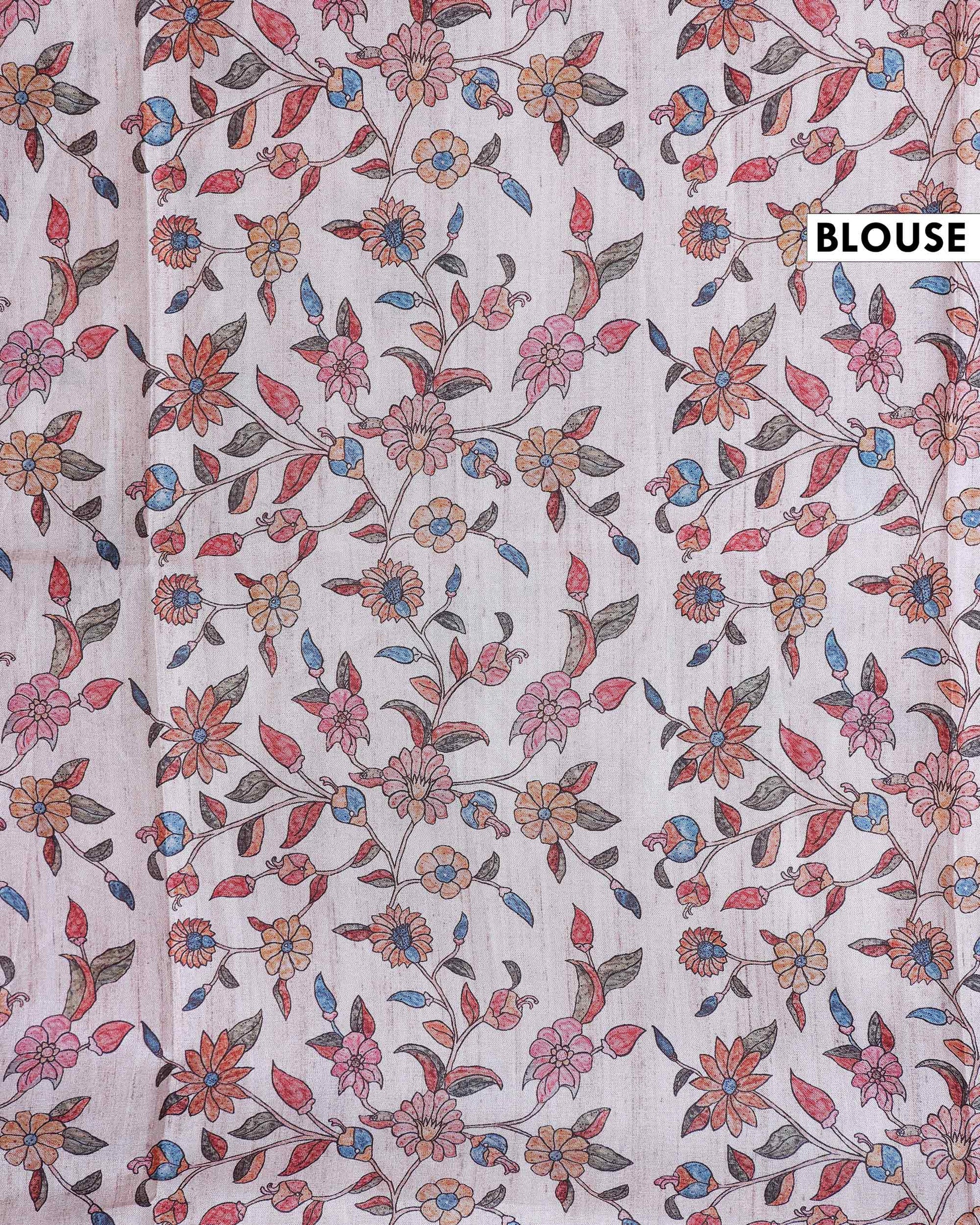Classic Semi Tussar Saree with Floral Printed Body and a Subtle Border - Beige-Blouse