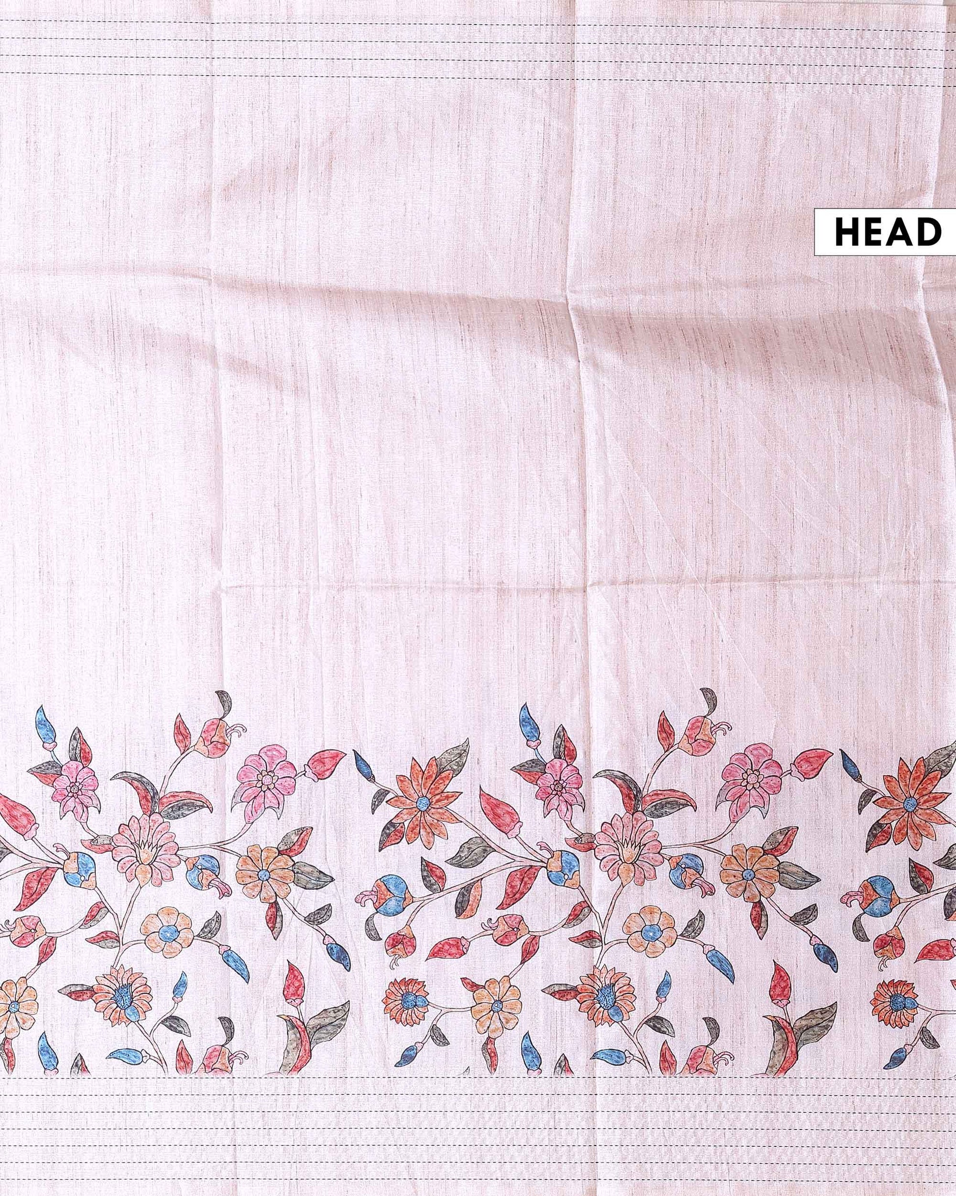 Classic Semi Tussar Saree with Floral Printed Body and a Subtle Border - Beige-Head