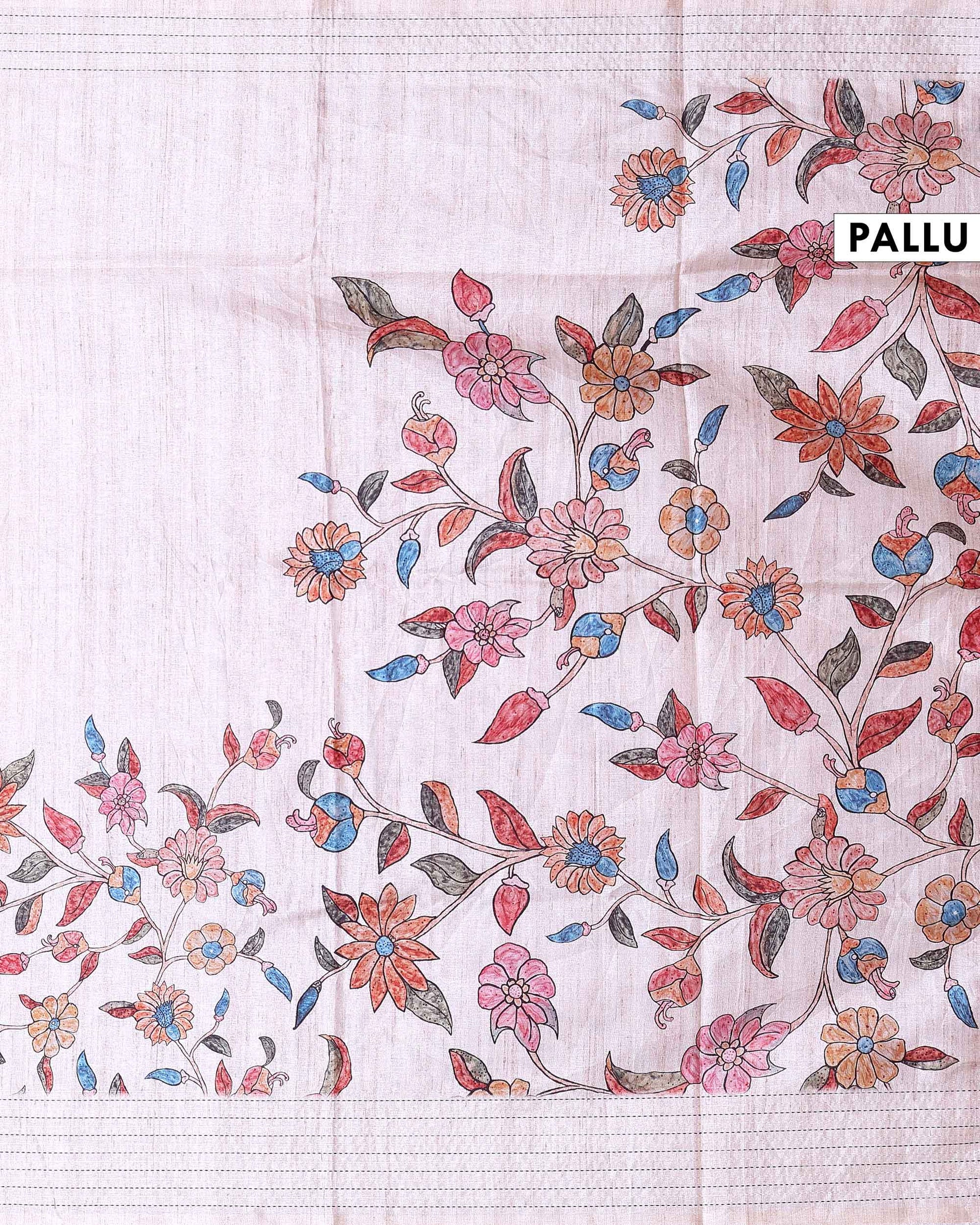 Classic Semi Tussar Saree with Floral Printed Body and a Subtle Border - Beige-Pallu