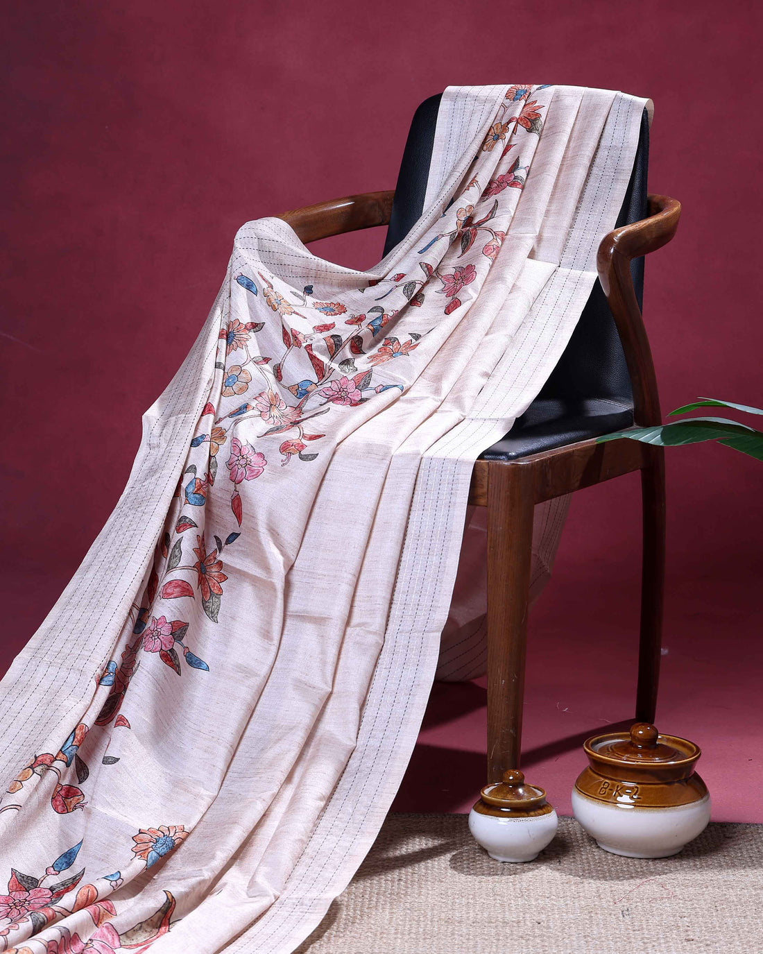 Classic Semi Tussar Saree with Floral Printed Body and a Subtle Border - Beige
