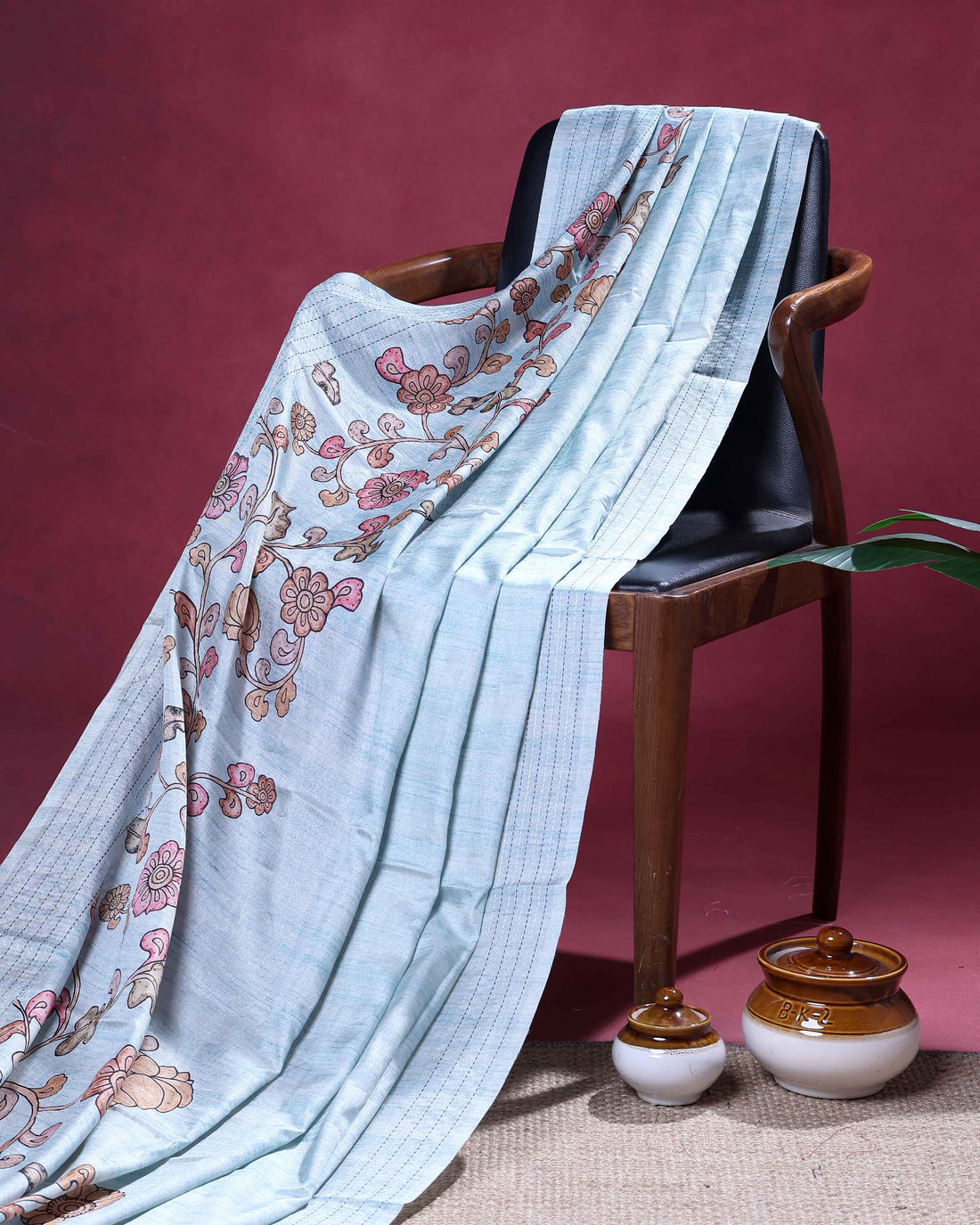 Classic Semi Tussar Saree with Floral Printed Body and a Subtle Border - Light Blue