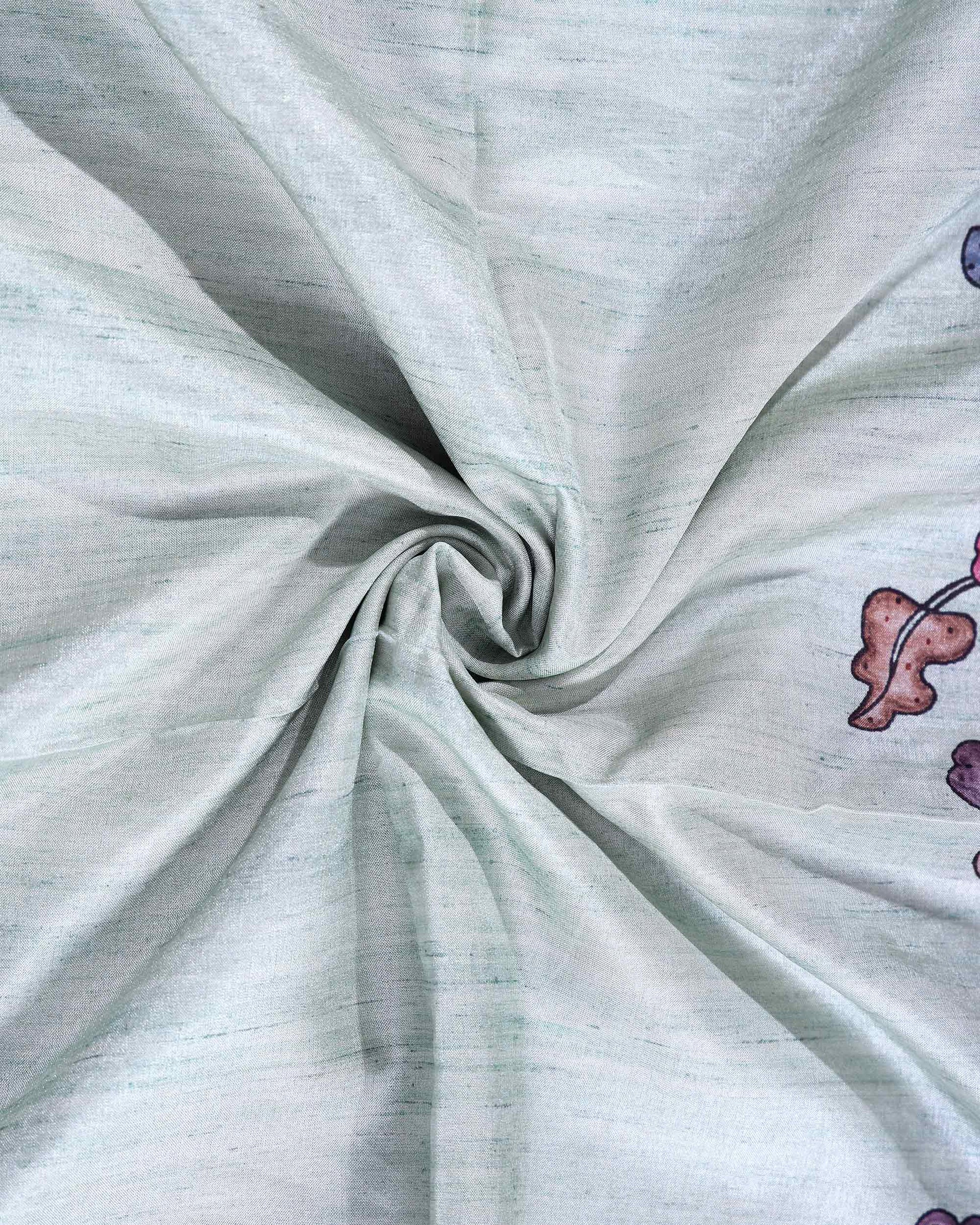 Classic Semi Tussar Saree with Floral Printed Body and a Subtle Border - Pastel Green-Close Up