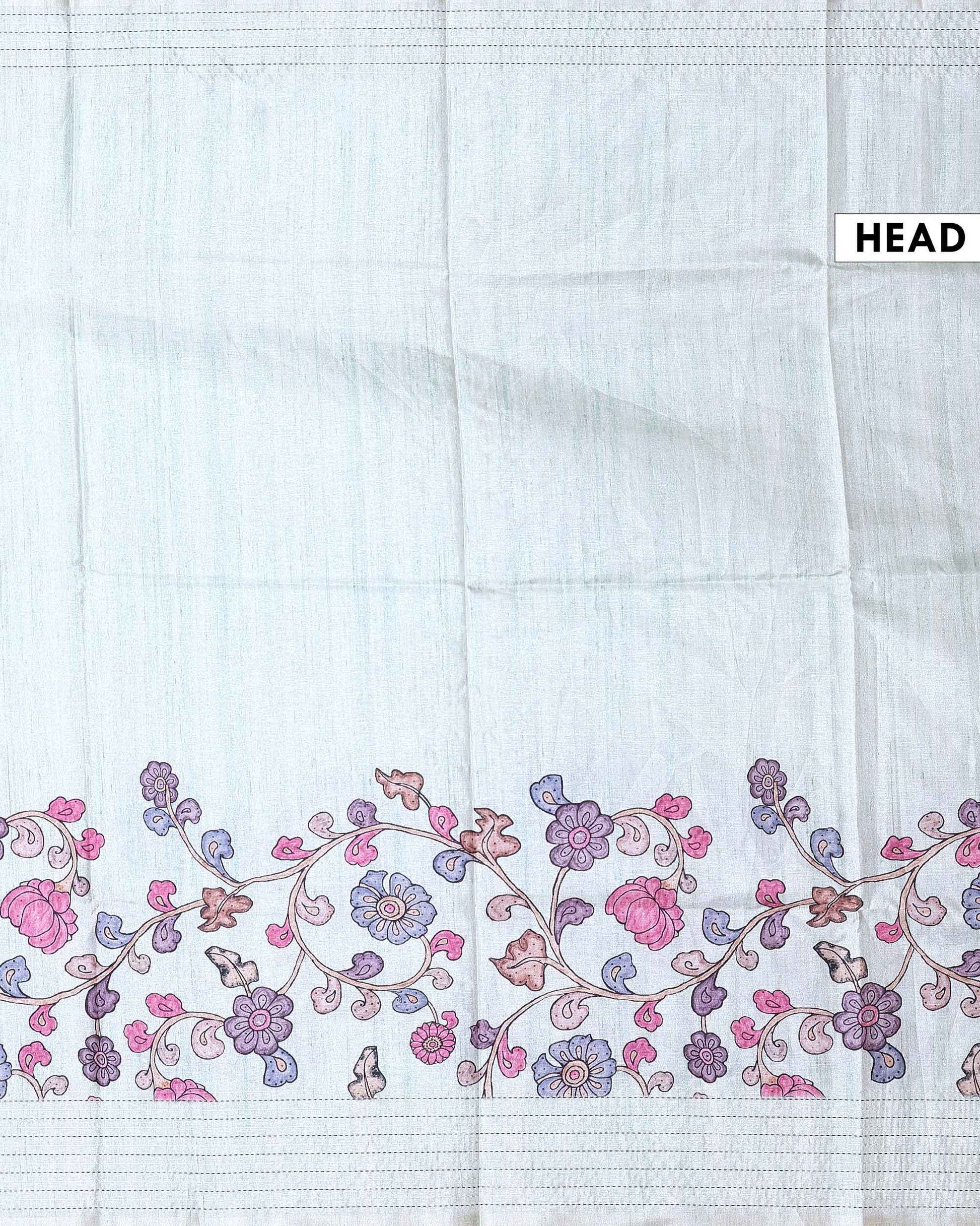 Classic Semi Tussar Saree with Floral Printed Body and a Subtle Border - Pastel Green-Head