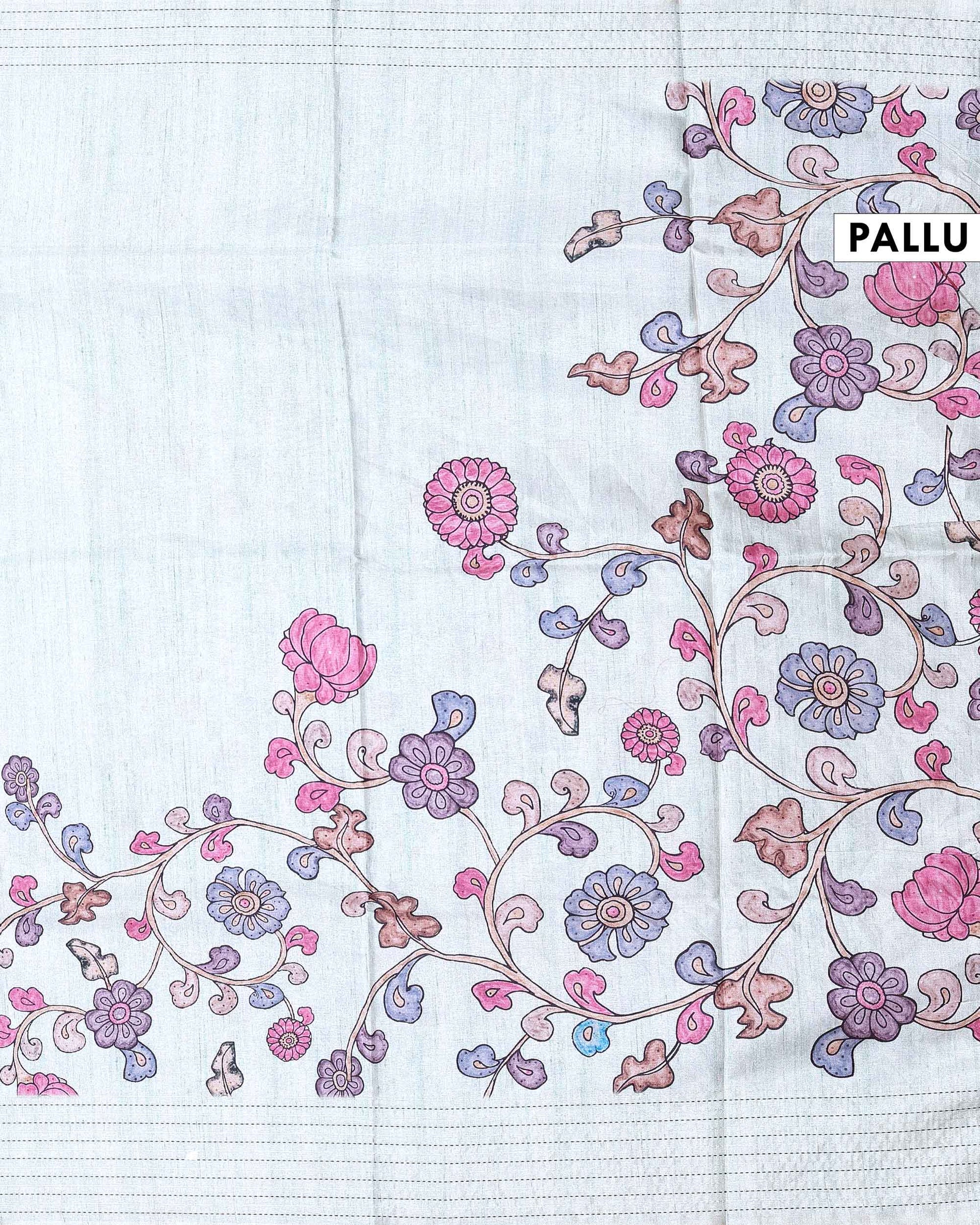 Classic Semi Tussar Saree with Floral Printed Body and a Subtle Border - Pastel Green-Pallu