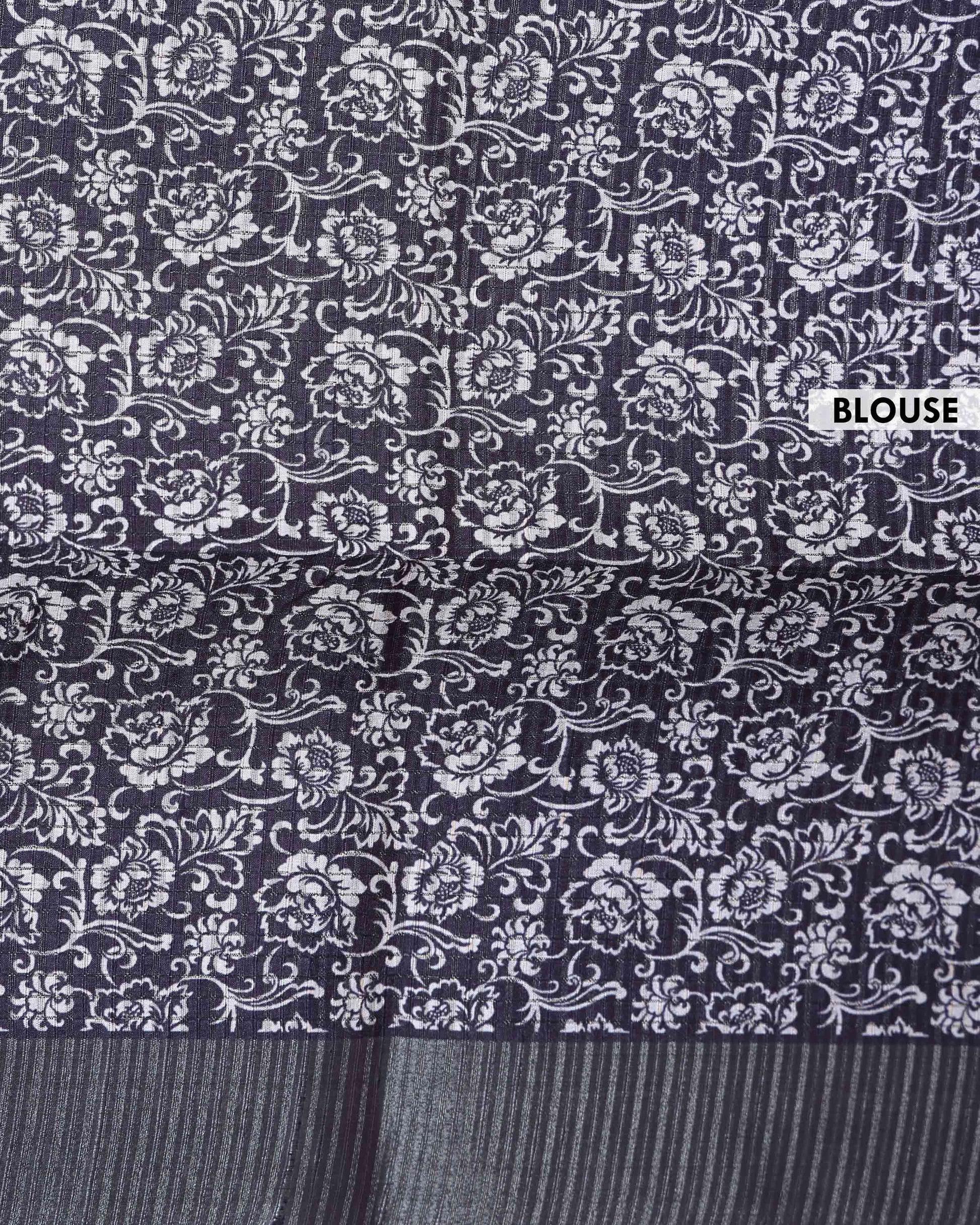 Classic Semi Tussar Saree with Intricate Line Art Print and Classic Woven Border - Black-Blouse